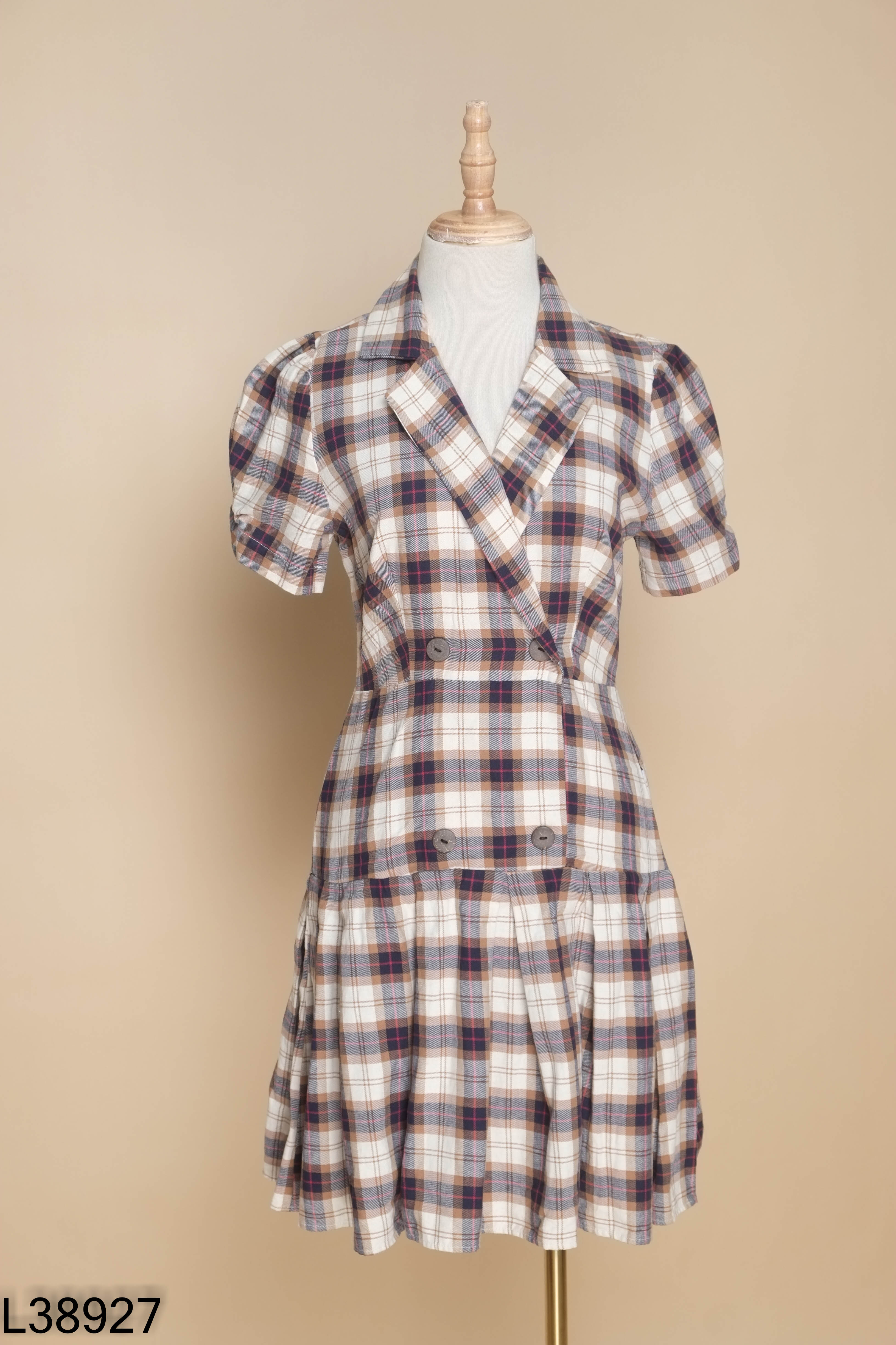Váy nâu kẻ 92WEAR cổ tim