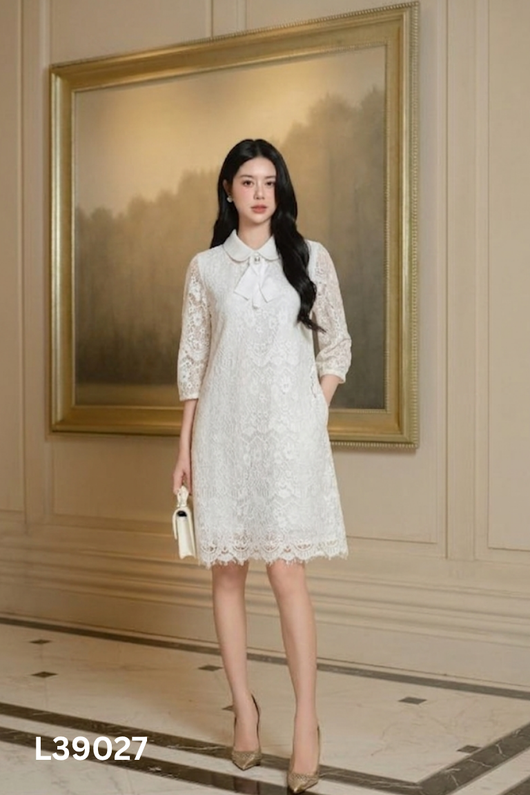Váy ren trắng ELISE cổ sen nơ