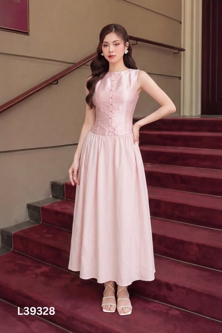 Váy taffa hồng sát nách