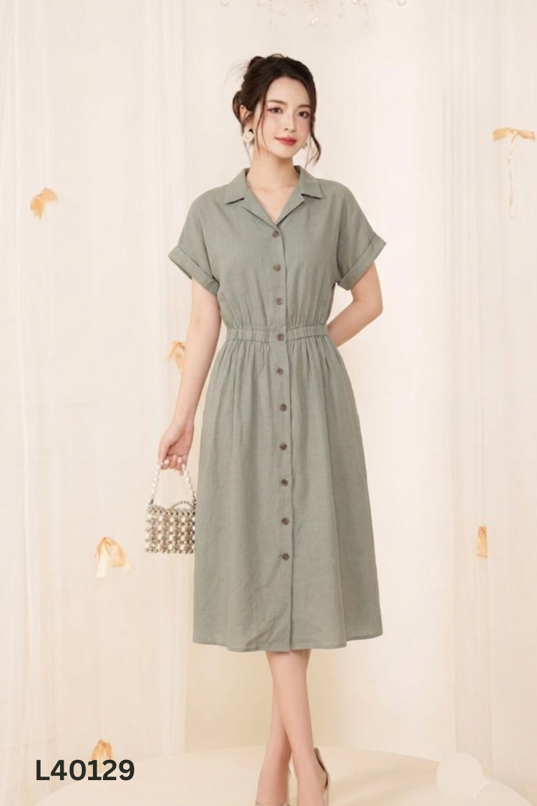 Váy linen xanh dài phối cúc