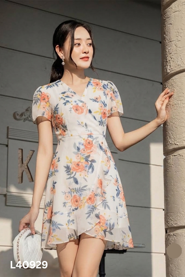 Váy voan be hoa cổ V