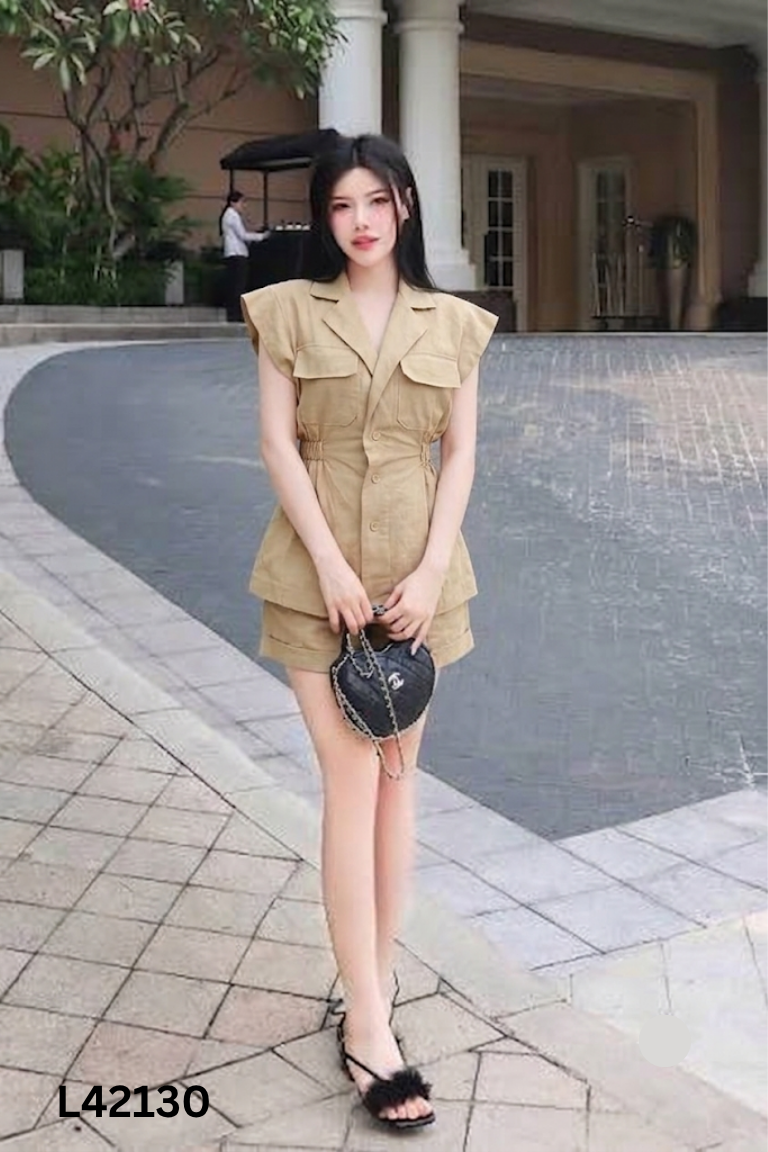 Set áo chun eo + quần short nâu