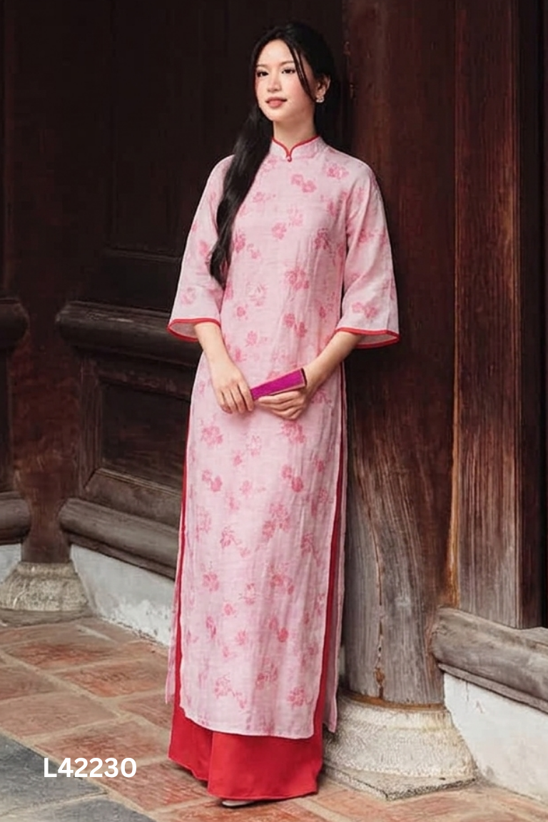 Set Áo dài voan họa tiết đỏ kèm quần