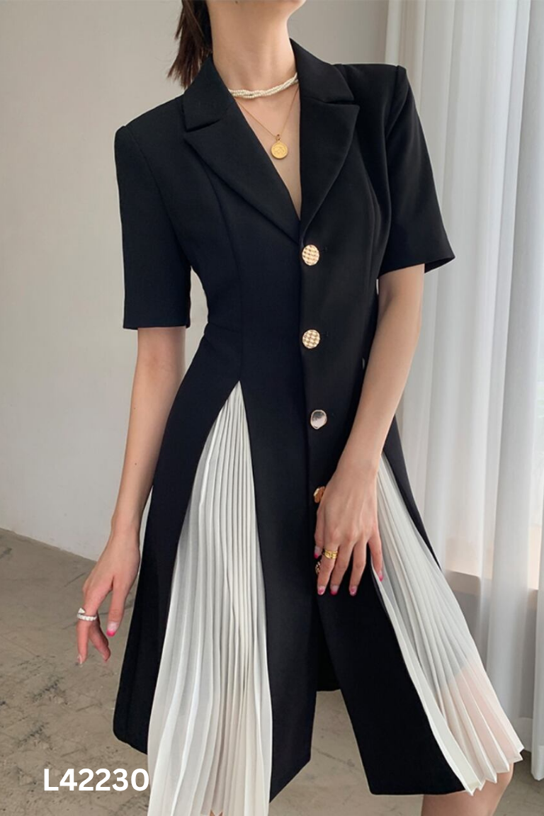 Váy ALICE đen cổ vest phối be