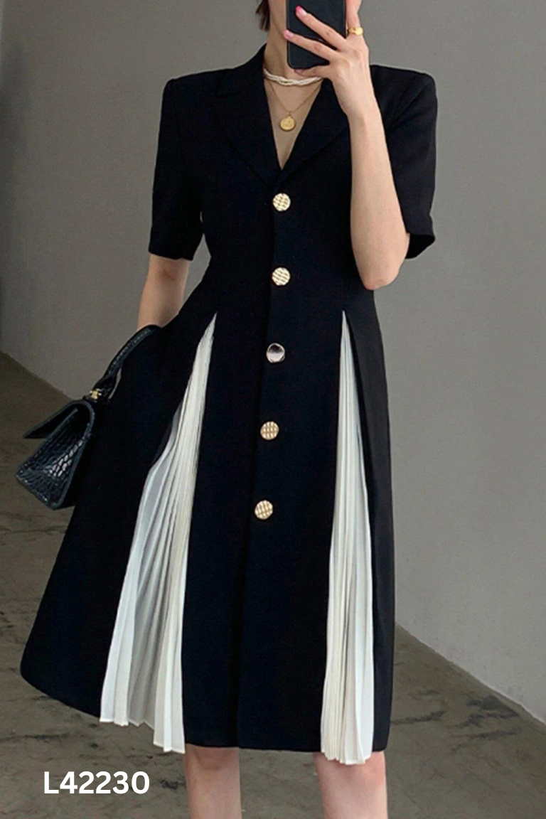 Váy ALICE đen cổ vest phối be
