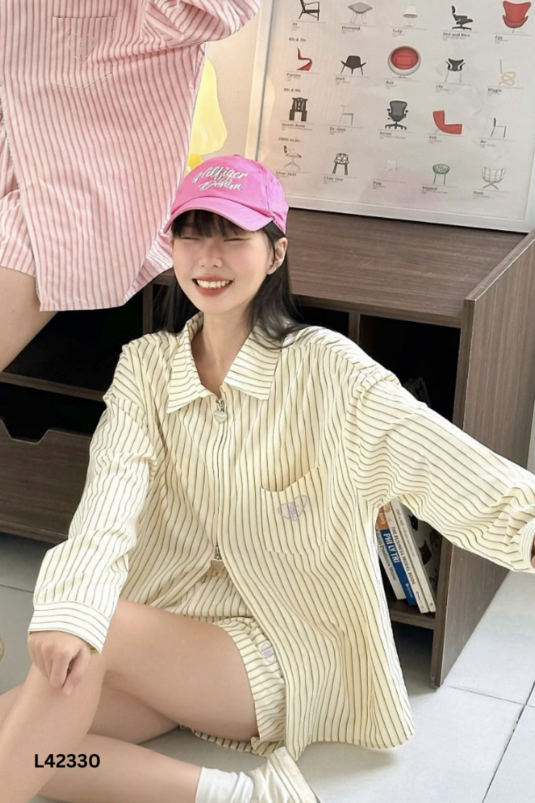 Áo BY CAM CAM sơ mi be sọc tím