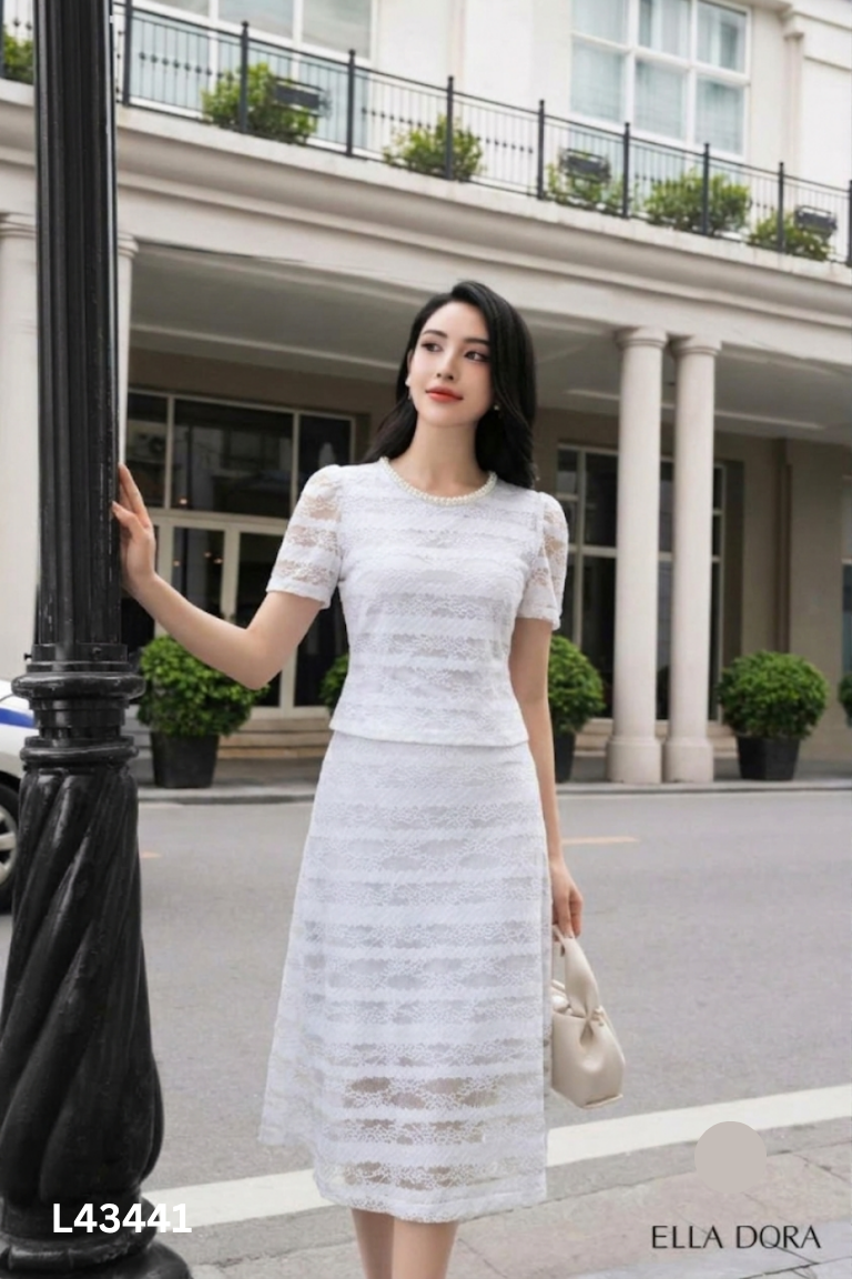 NEWTAG set ELLA áo + chân váy ren xanh