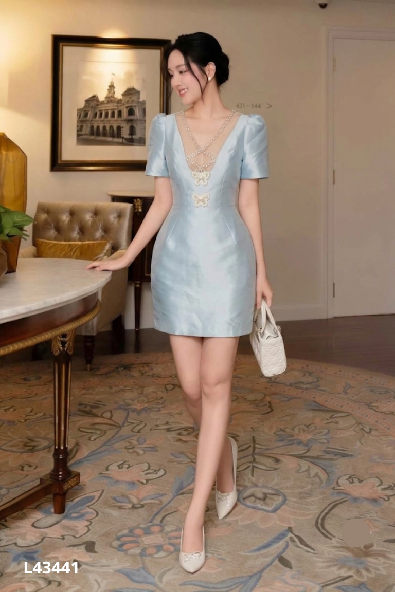 NEWTAG Váy xanh KD phối ngực lưới