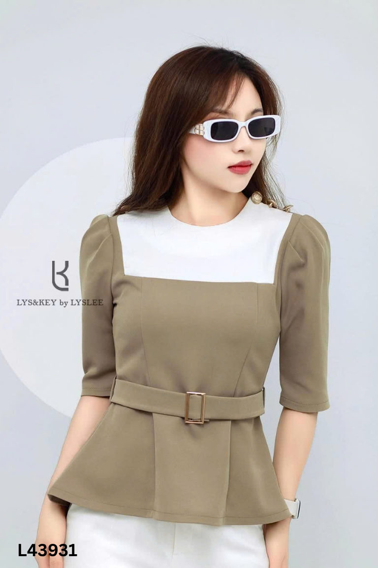 Áo nâu thắt eo phối trắng
