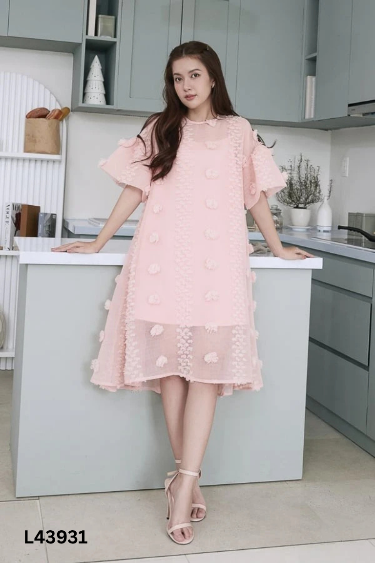 Set váy MAYBI voan dệt bông hồng + váy lót 2 dây