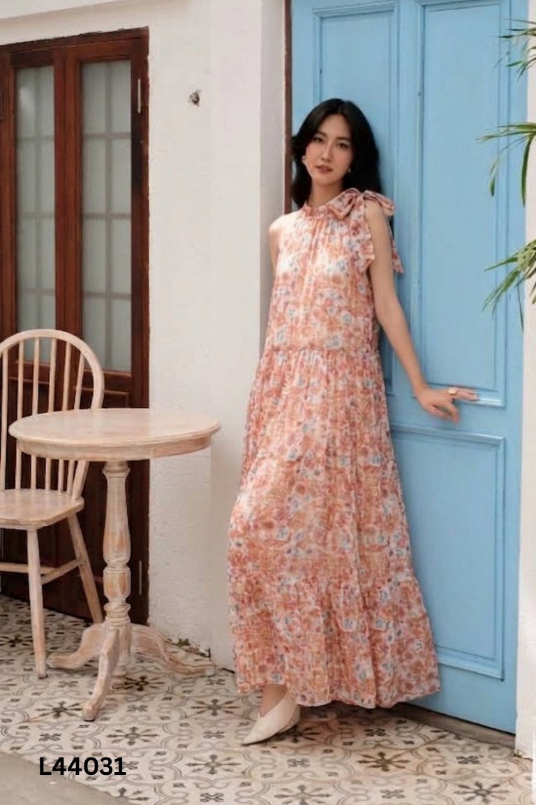 NEWTAG YIZAIMEI váy cổ yếm cam hoa voan