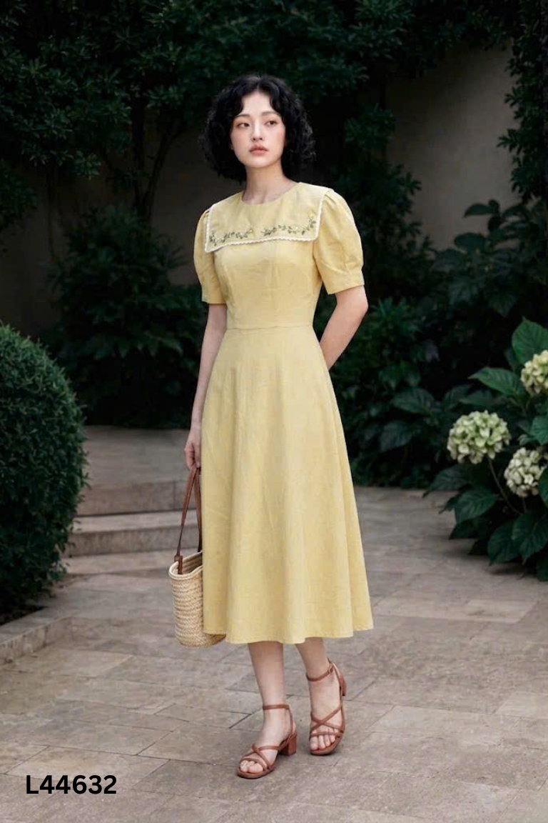 Váy vàng ADORE DRESS cổ vạt thêu hoa