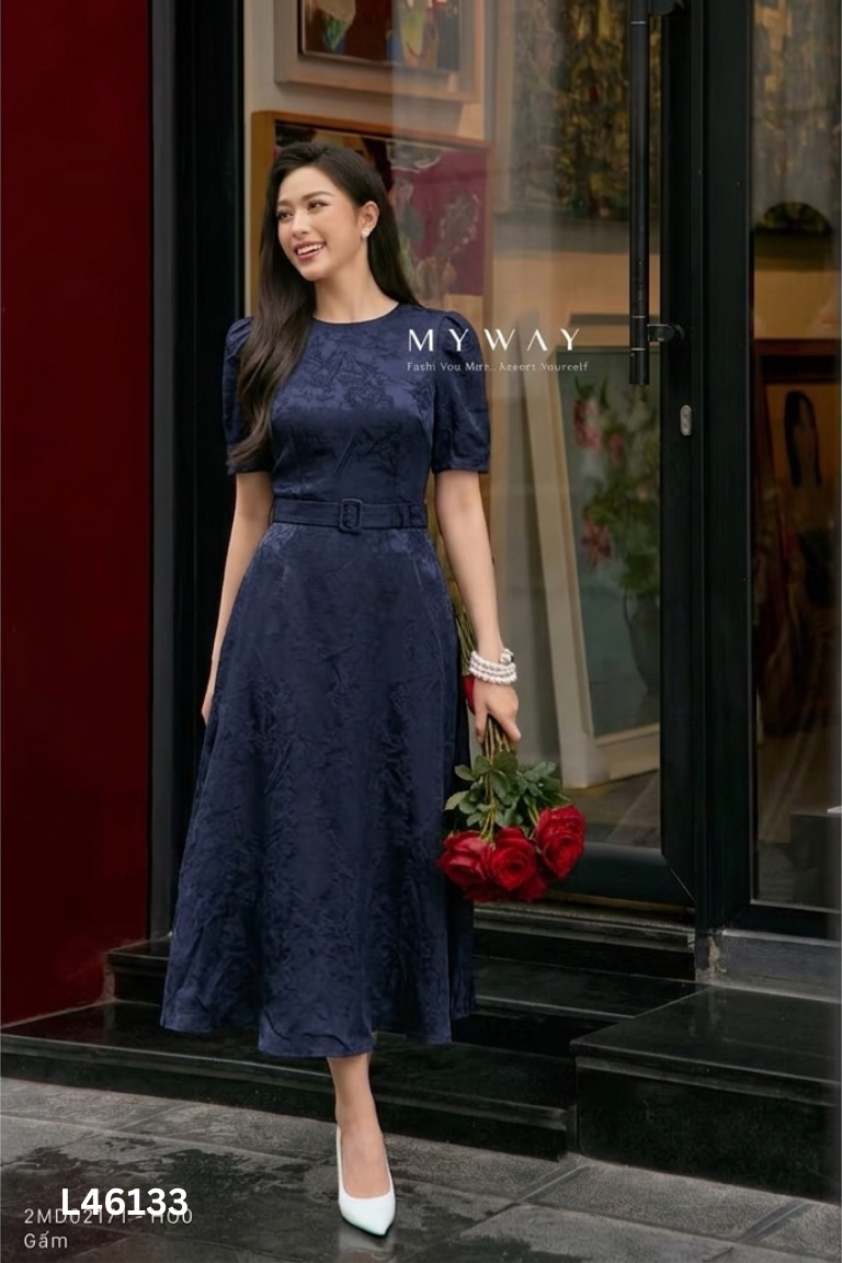 Váy lụa xanh MY WAY kèm đai