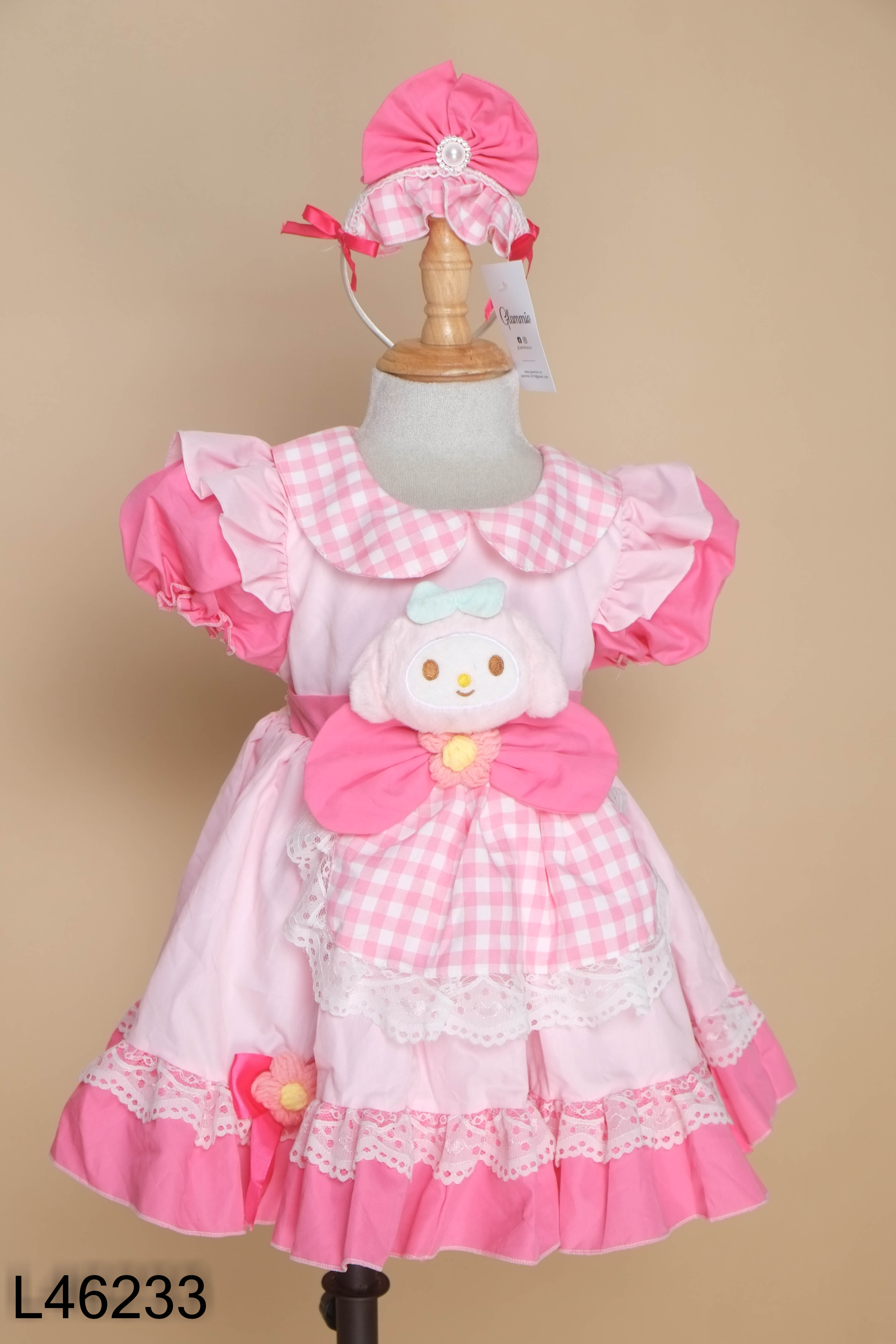 Váy hồng melody phối ren kèm bờm kids