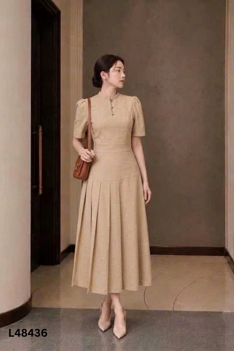 Váy ED nâu phối xếp li cổ tàu