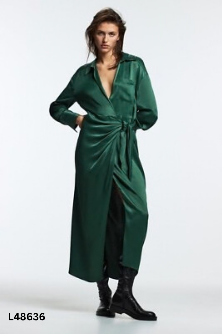 NEWTAG ZARA(xuất) váy lụa xanh tay lửng
