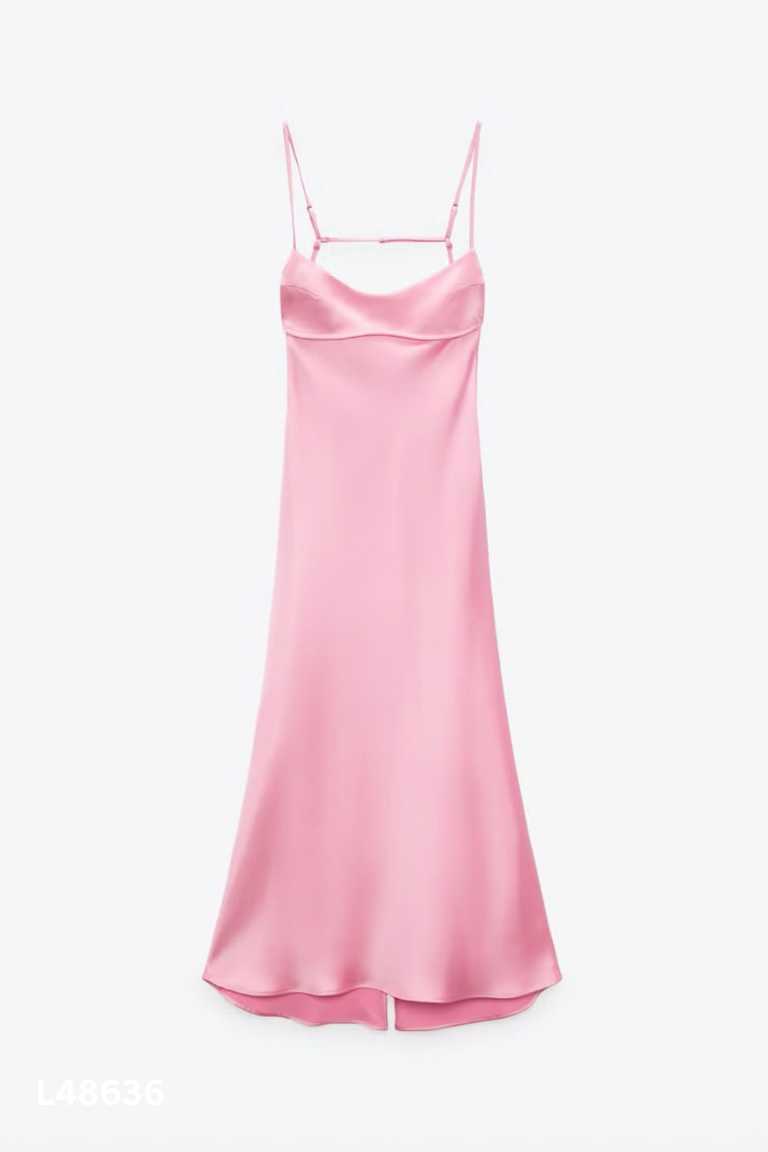 NEWTAG ZARA(xuất)váy dây lụa hồng