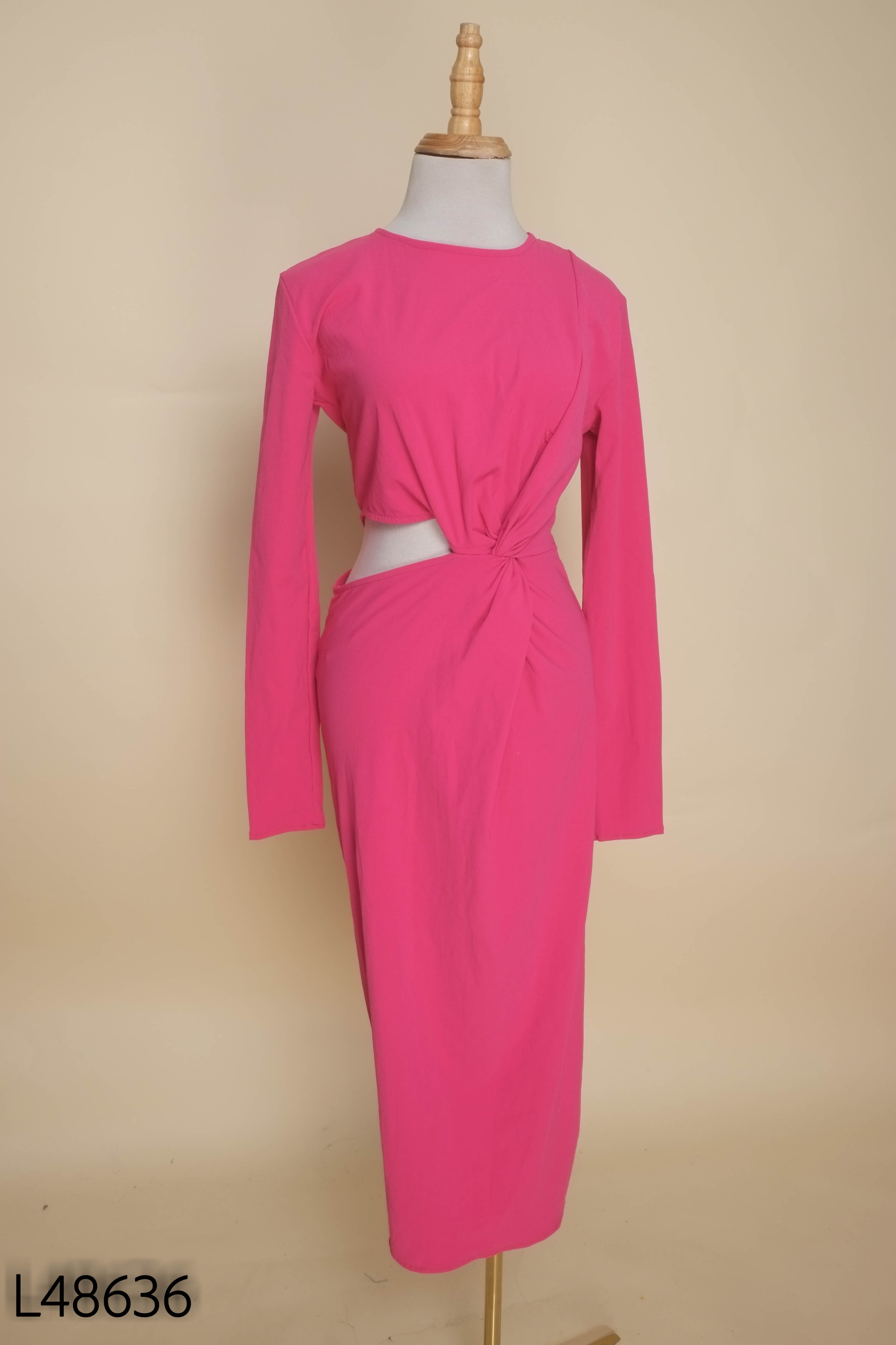 NEWTAG ZARA(xuất)váy hồng khoét eo dài tay