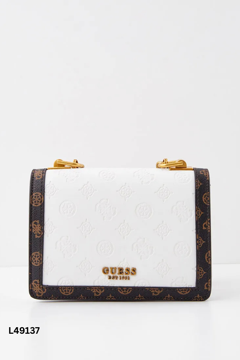 Túi xách GUESS trắng viền nâu họa tiết