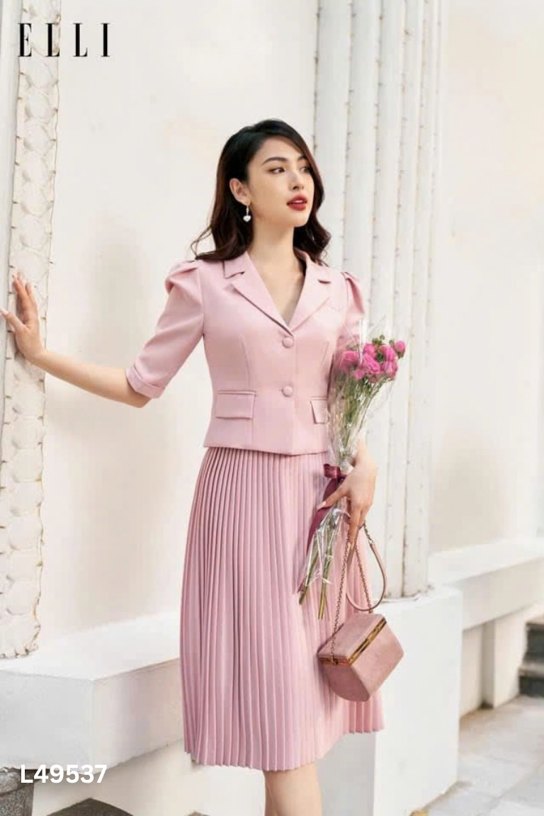 Set ELLA DORA áo + chân váy xếp ly hồng đào