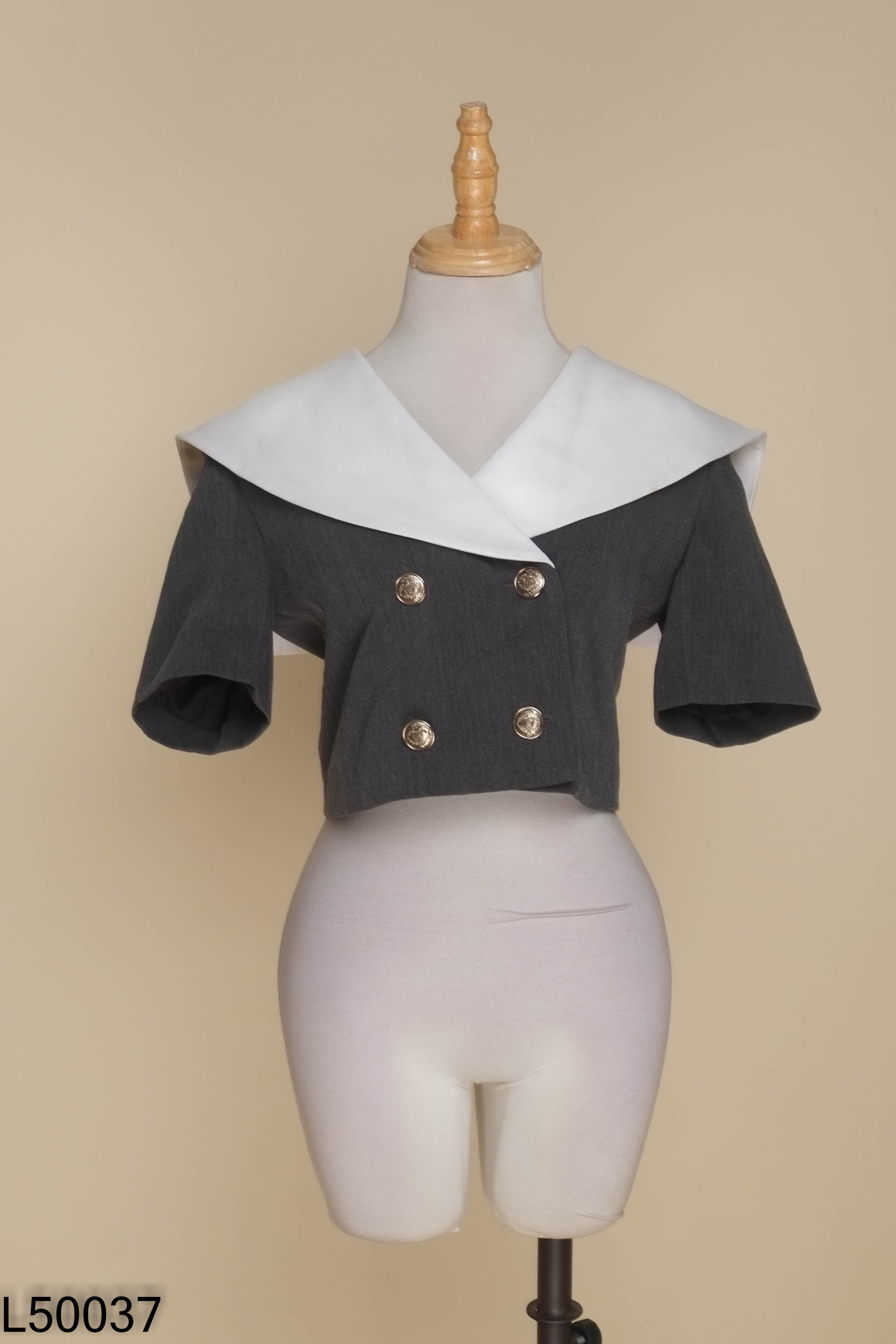 Áo kiểu vest xám chì phối cổ trắng