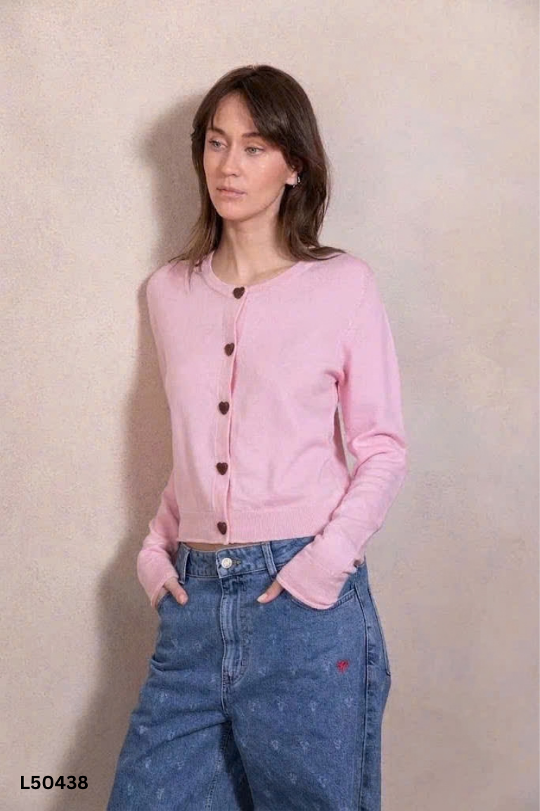 Áo len cardigan hồng cúc tim