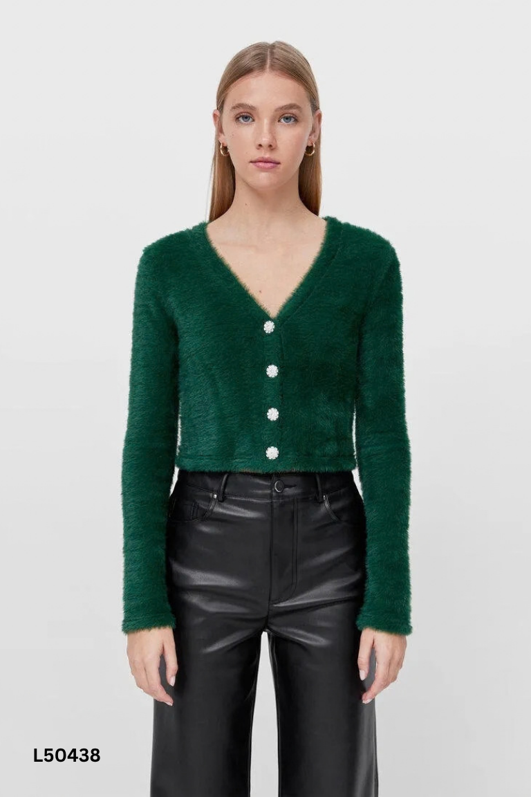 Áo len lông cardigan xanh STRADIVARIUS cúc ngọc