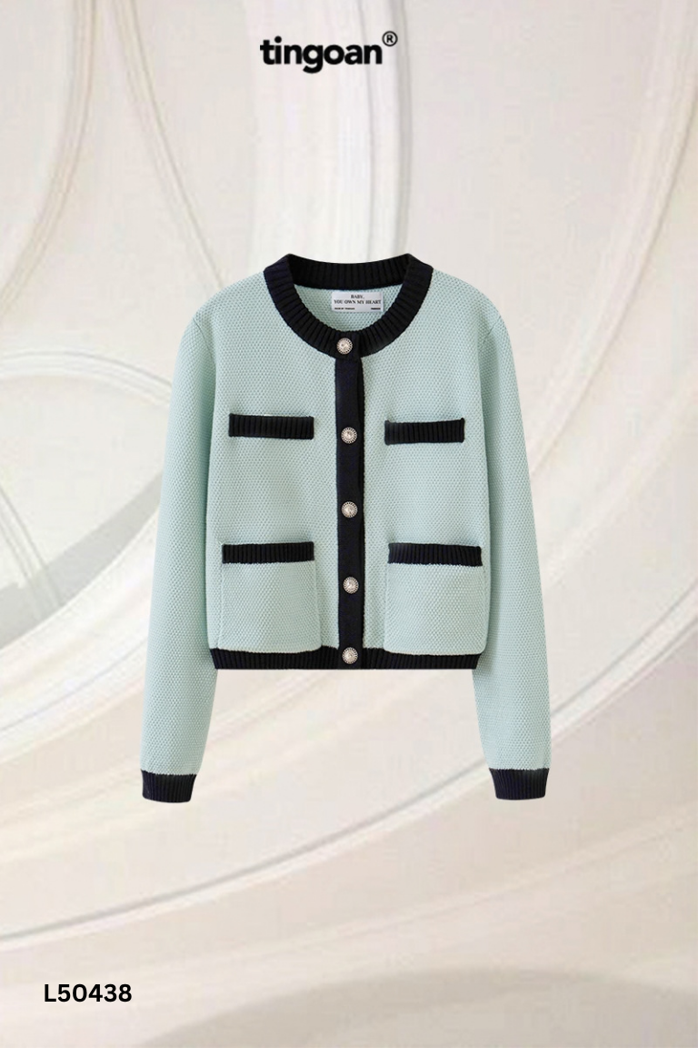 Áo len cardigan xanh viền đen cúc ngọc