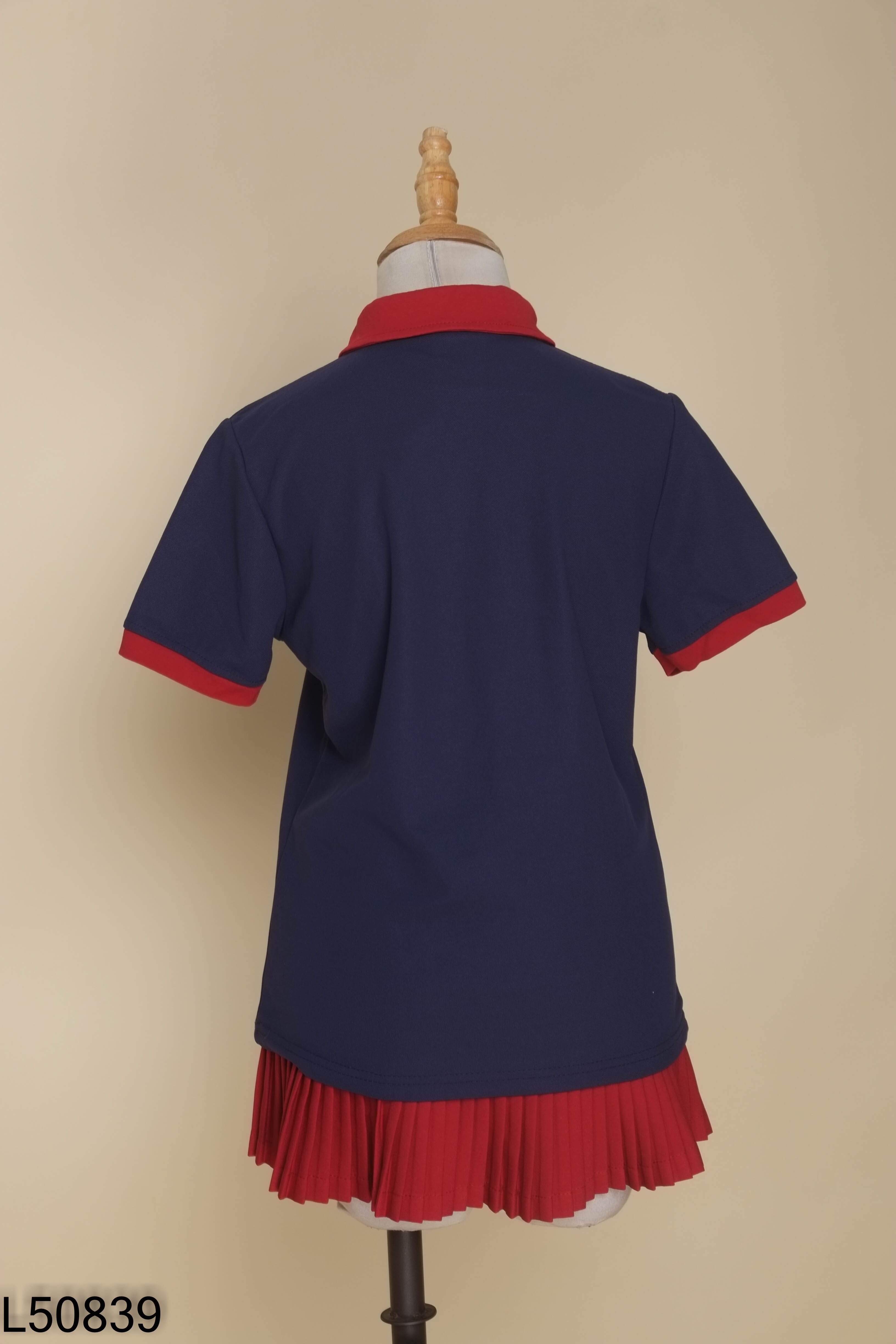 L5083910177-SET áo polo xanh thêu hình+ chân váy đỏ