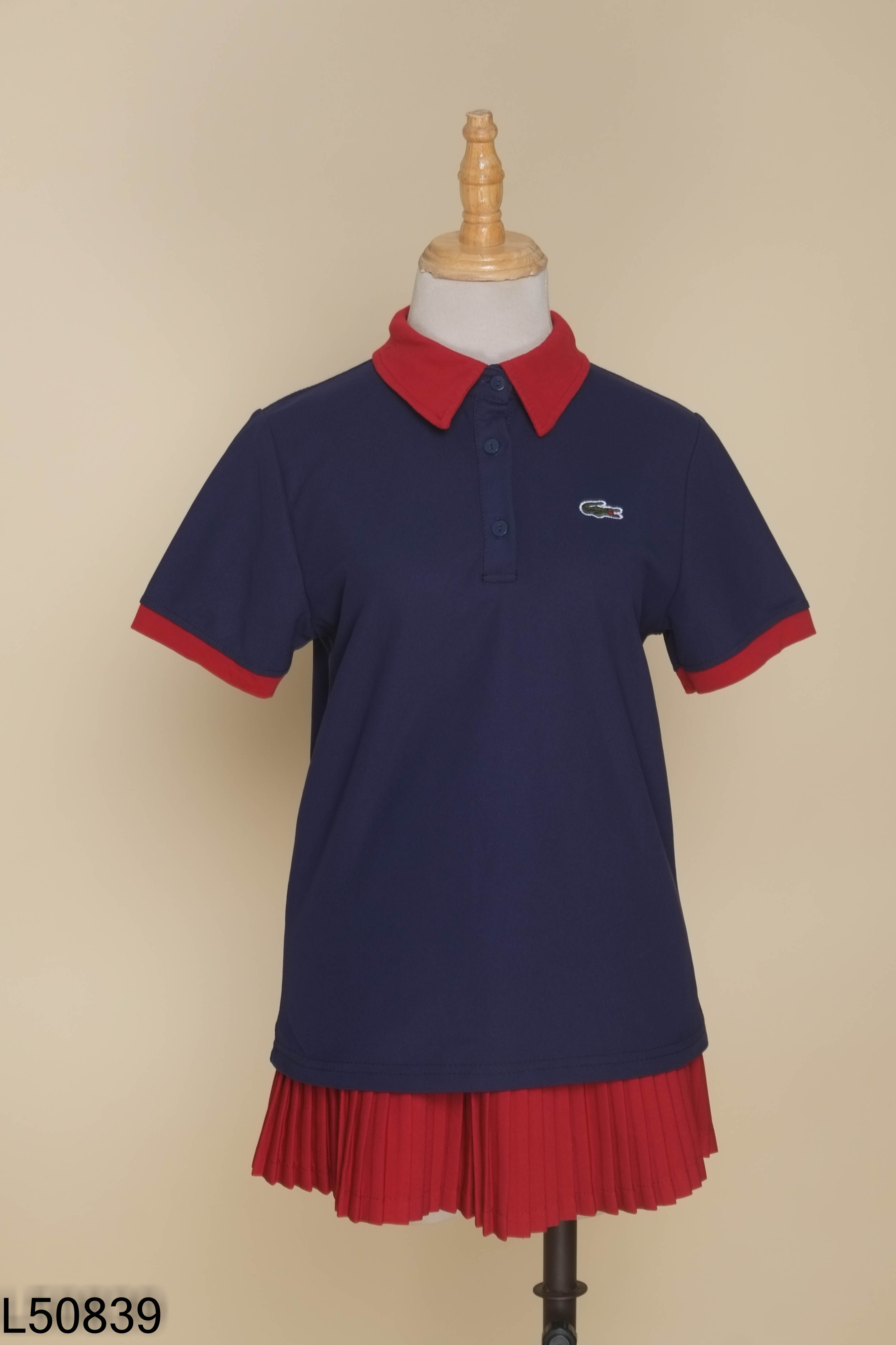 L5083910177-SET áo polo xanh thêu hình+ chân váy đỏ