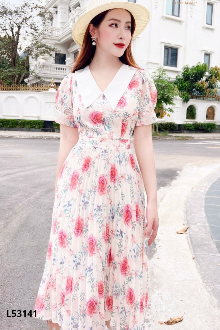 Váy voan be hoa DVC xếp li
