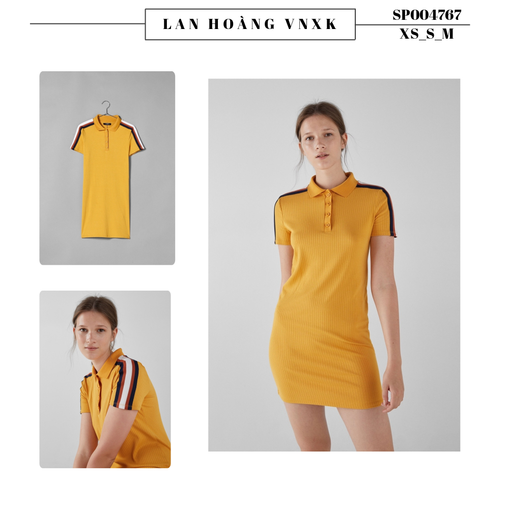 Đầm len tăm Bershka dư xịn phối sọc vai đỏ - Vàng - XS