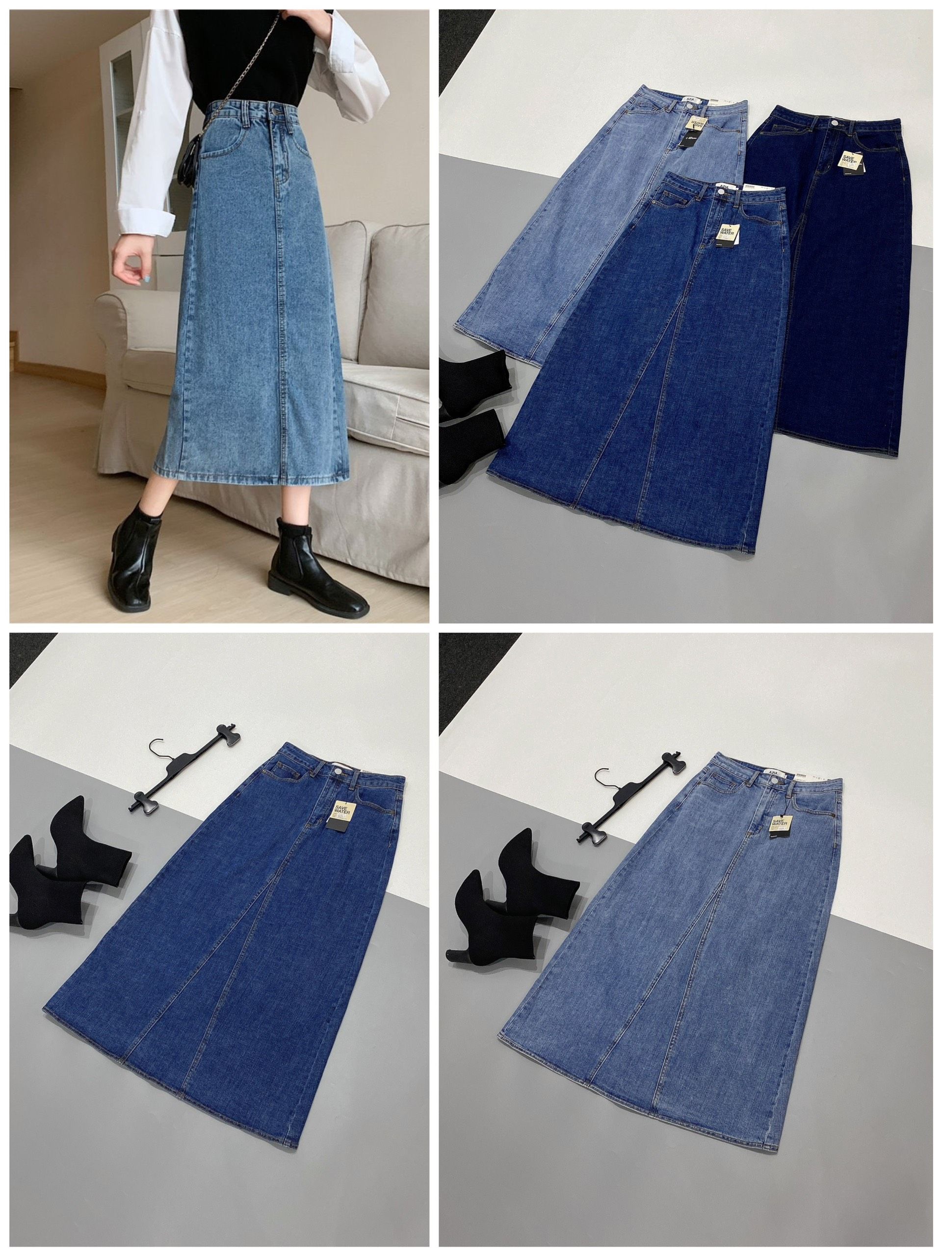 Chân váy jean nữ viền chữ màu xanh nhạt - Kho Hàng Sỉ ANN