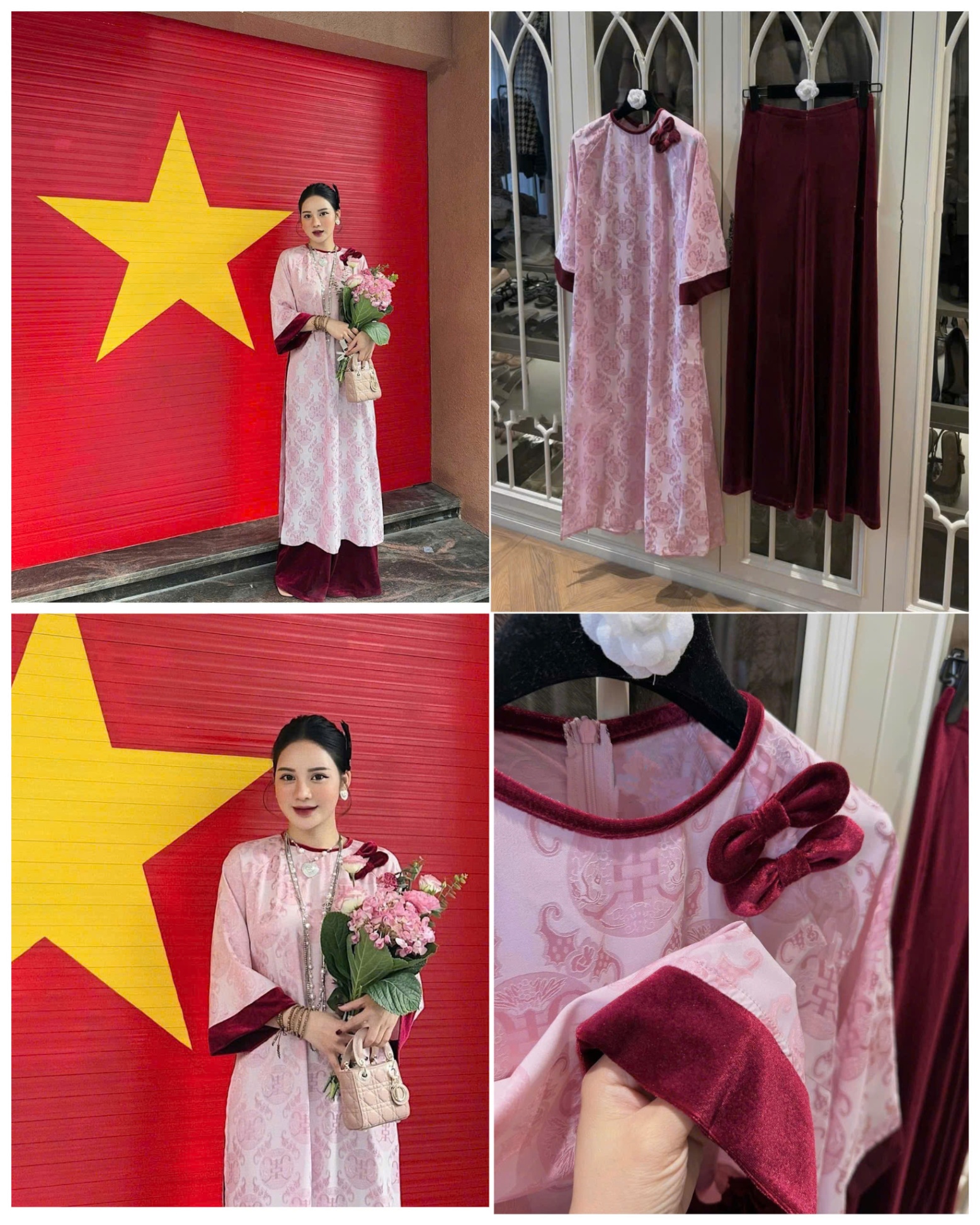 Set Áo Dài Chữ Thọ Nơ Nhung 15067