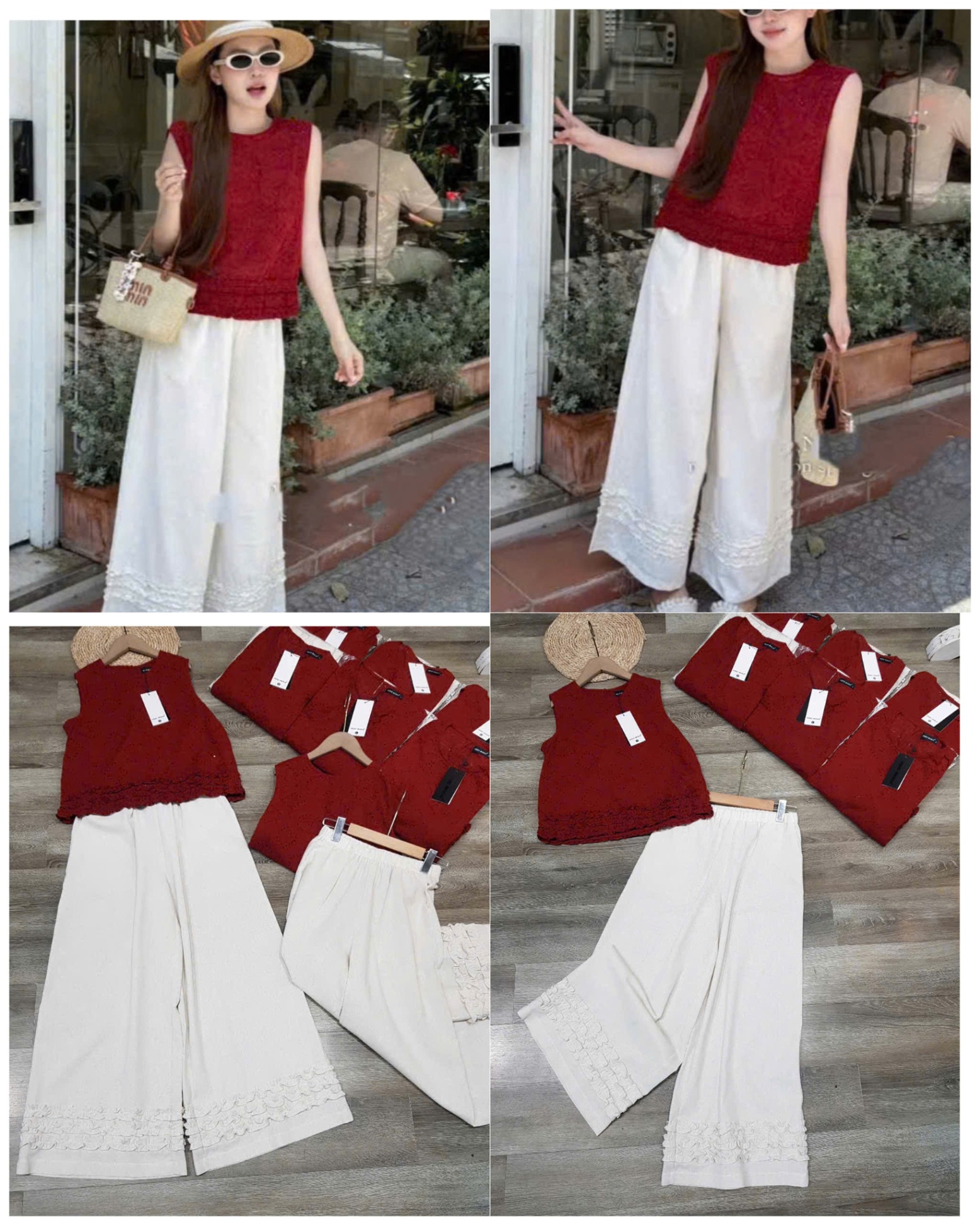 Set Quần culottes & áo 3 lỗ đỏ thô thêu 15532