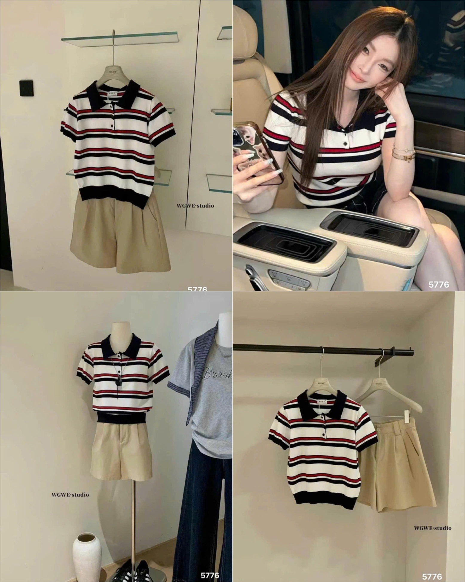 Len Polo kẻ dệt kim đen đỏ 15660