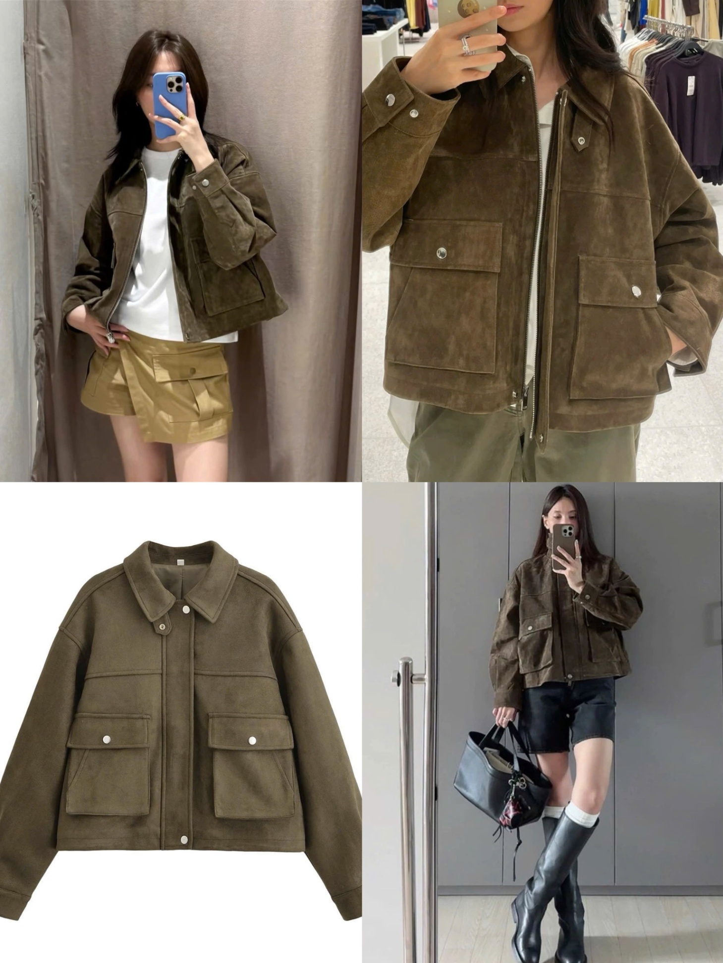 Khoác Da Lộn ZR dáng ngắn túi hộp Dư xịn 15805 (Rêu)