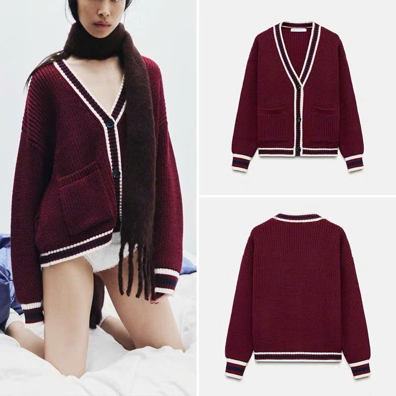 Cardigan Len ZR đỏ burgundy 15861 (viền trắng)
