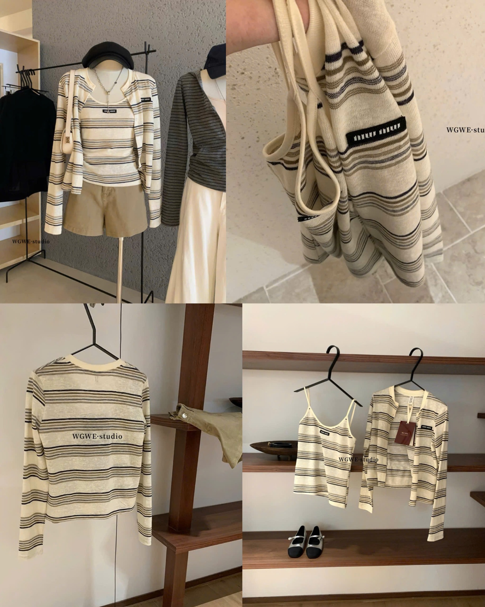 Len Set 2 Áo (1 2 dây + 1 Cardigan kẻ) WGWE chữ MM 15897