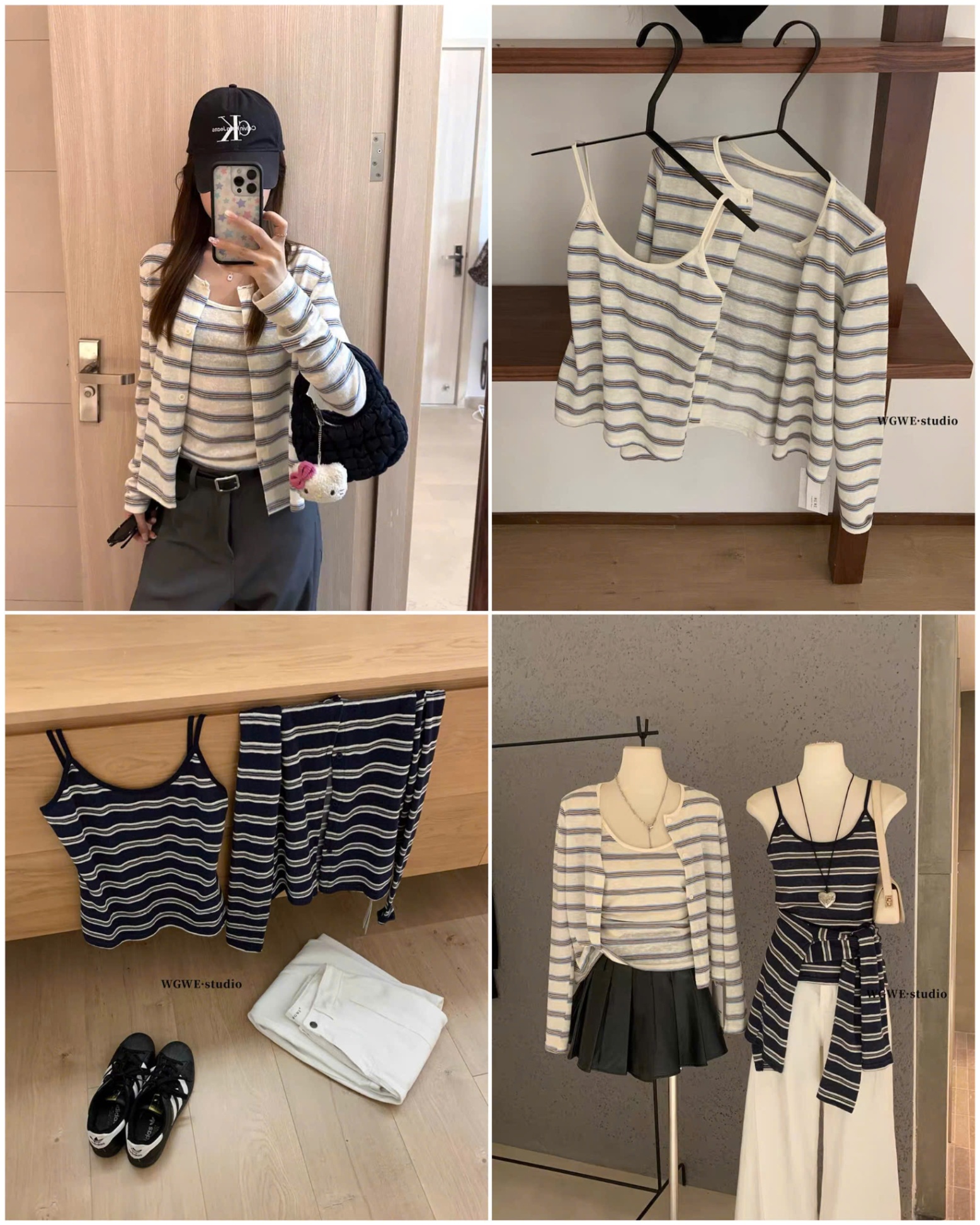 Len Set 2 Áo (1 2 dây + 1 Cardigan kẻ) WGWE Ko Có Chữ 15898