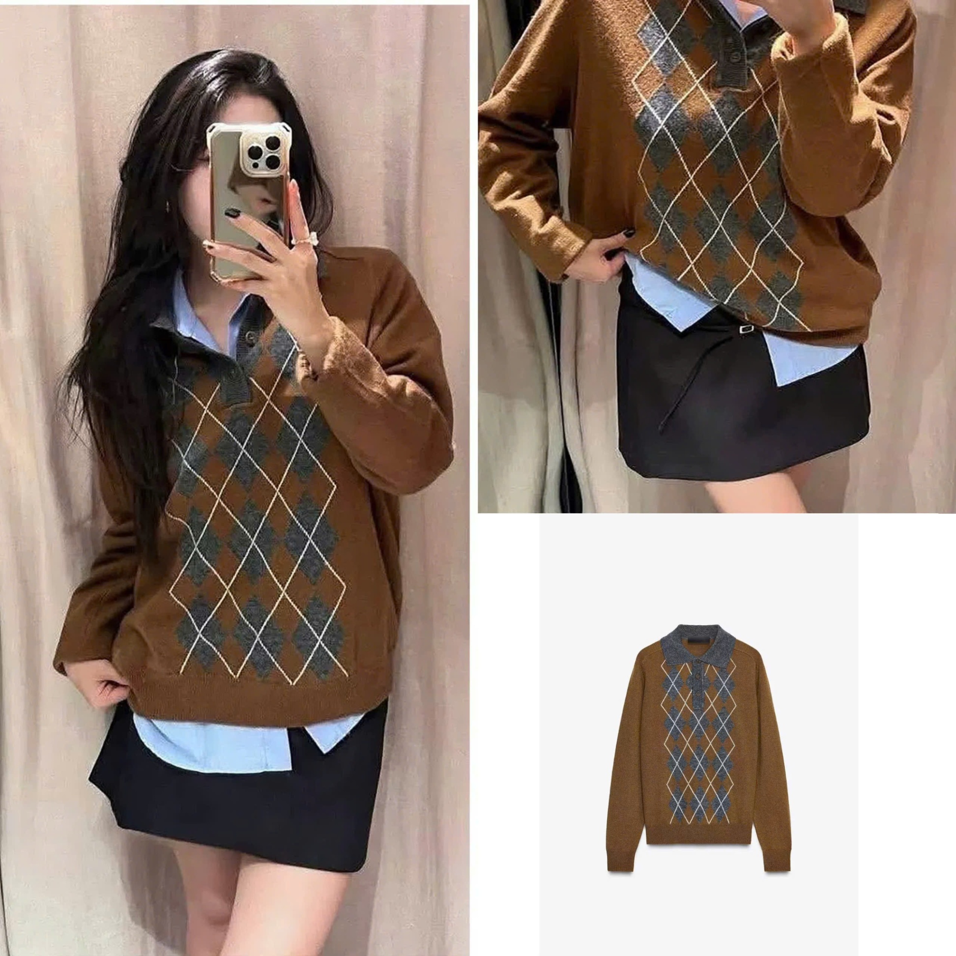 Áo Len ZR Cổ Polo Hoạt Tiết Trám Phối NÂU dư xịn 15975