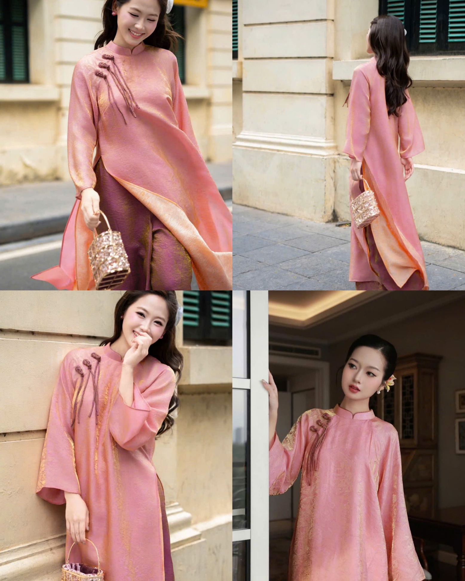 Áo dài 4 Tà hồng khuy tết 16118