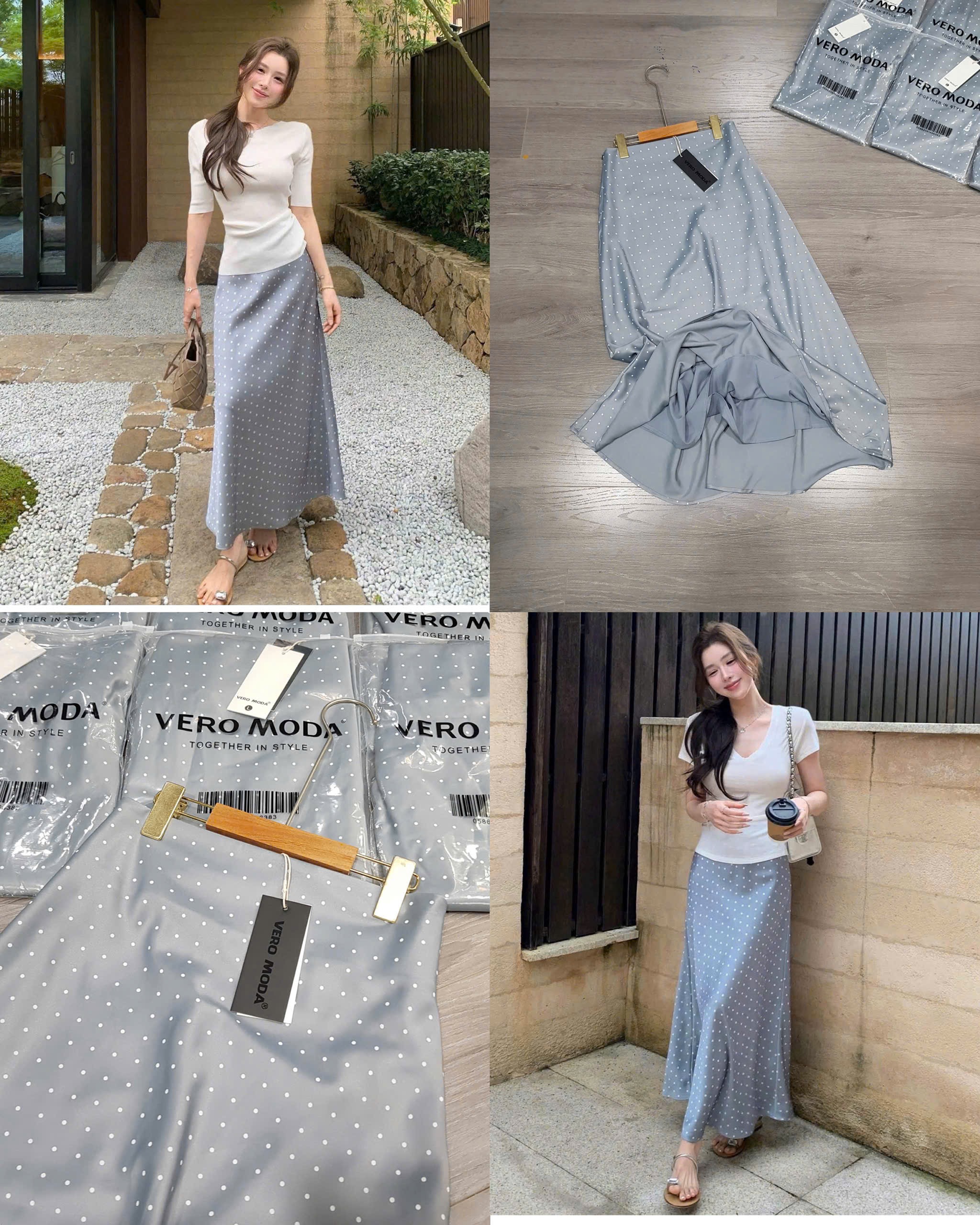 Chân Váy Lụa Chấm Bi Karen XANH GHI