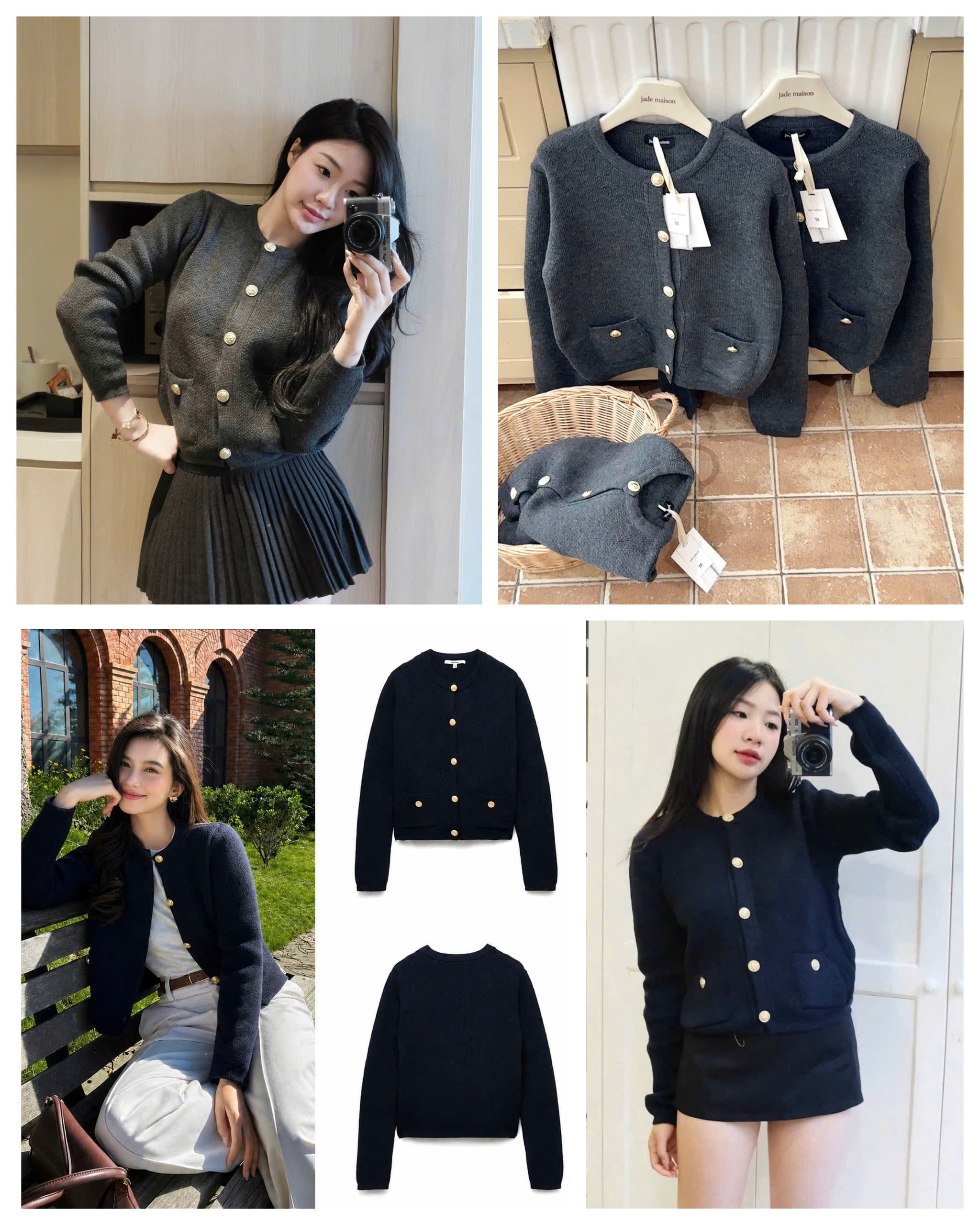 Len Cardigan Xám & Xanh than khuy đồng Jade MS 16713