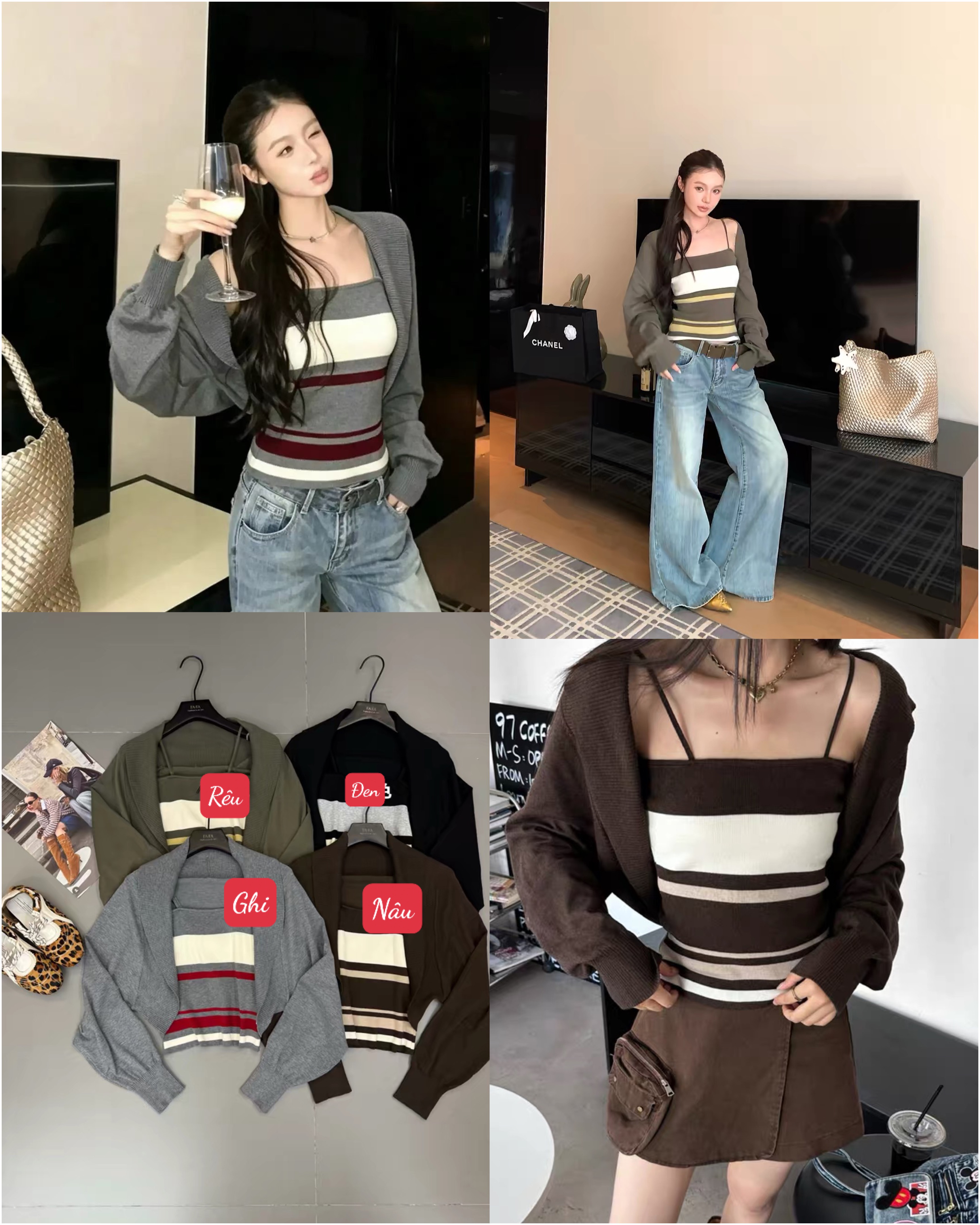 Len Kẻ 2 dây & cardigan (Set 2 Món) 16736