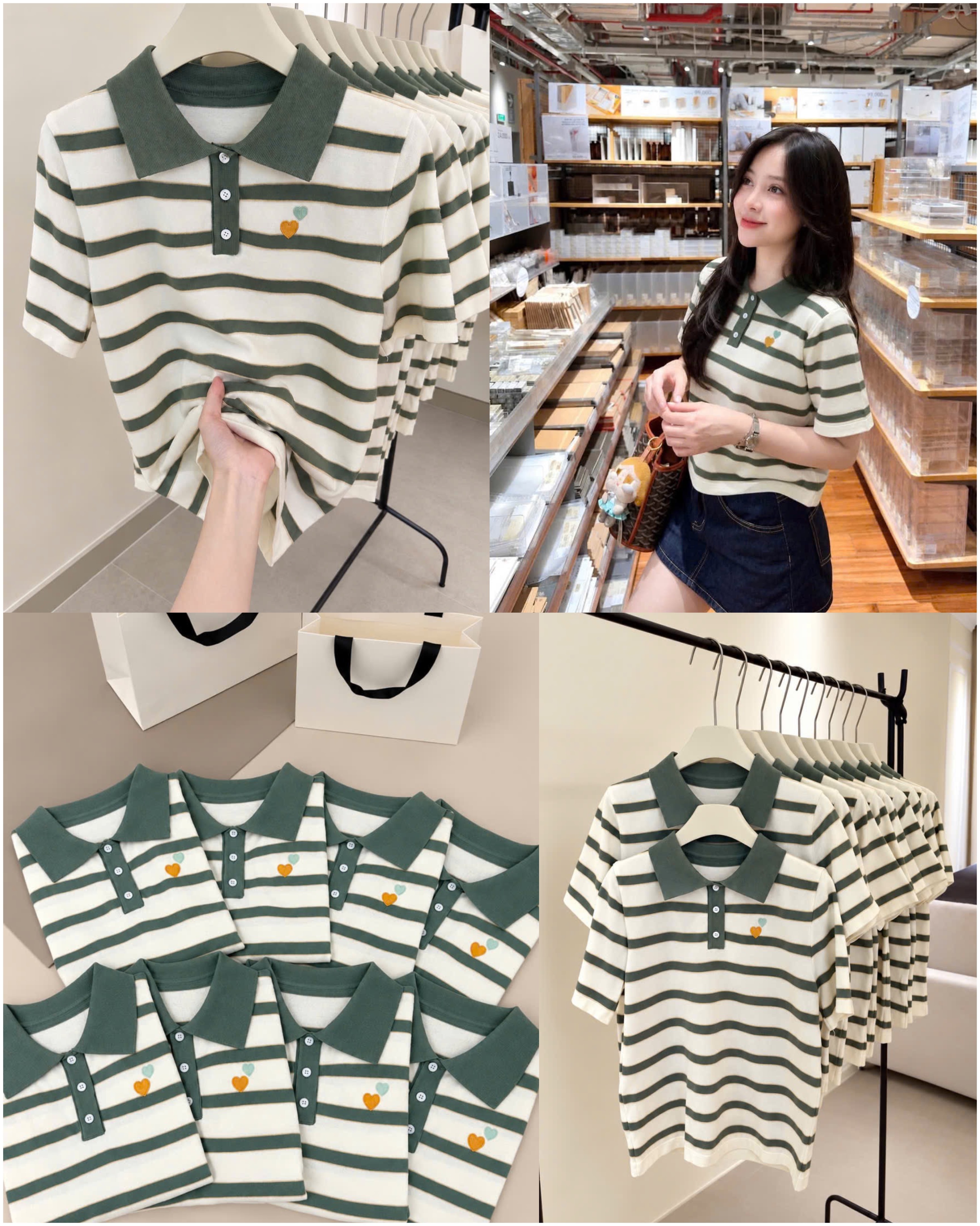 Len Polo thêu tim kẻ Xanh 16801