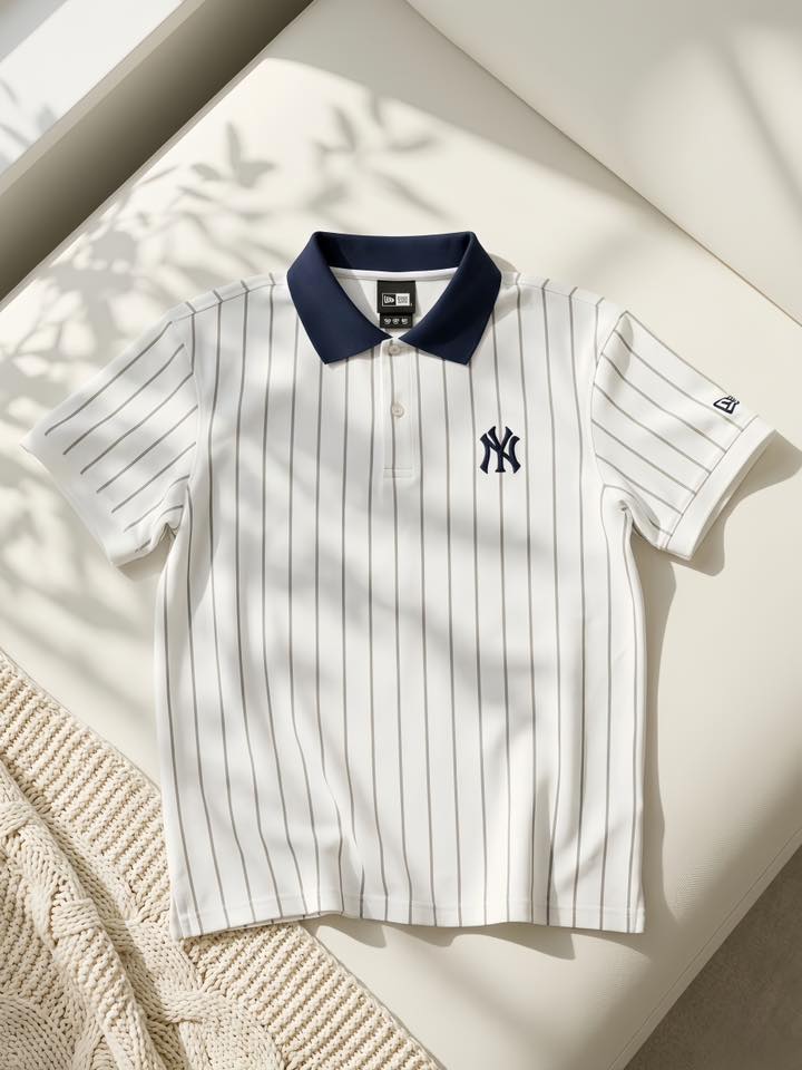 Phông MLB polo Unisex Trắng Sọc Xám Cổ Navy 16510
