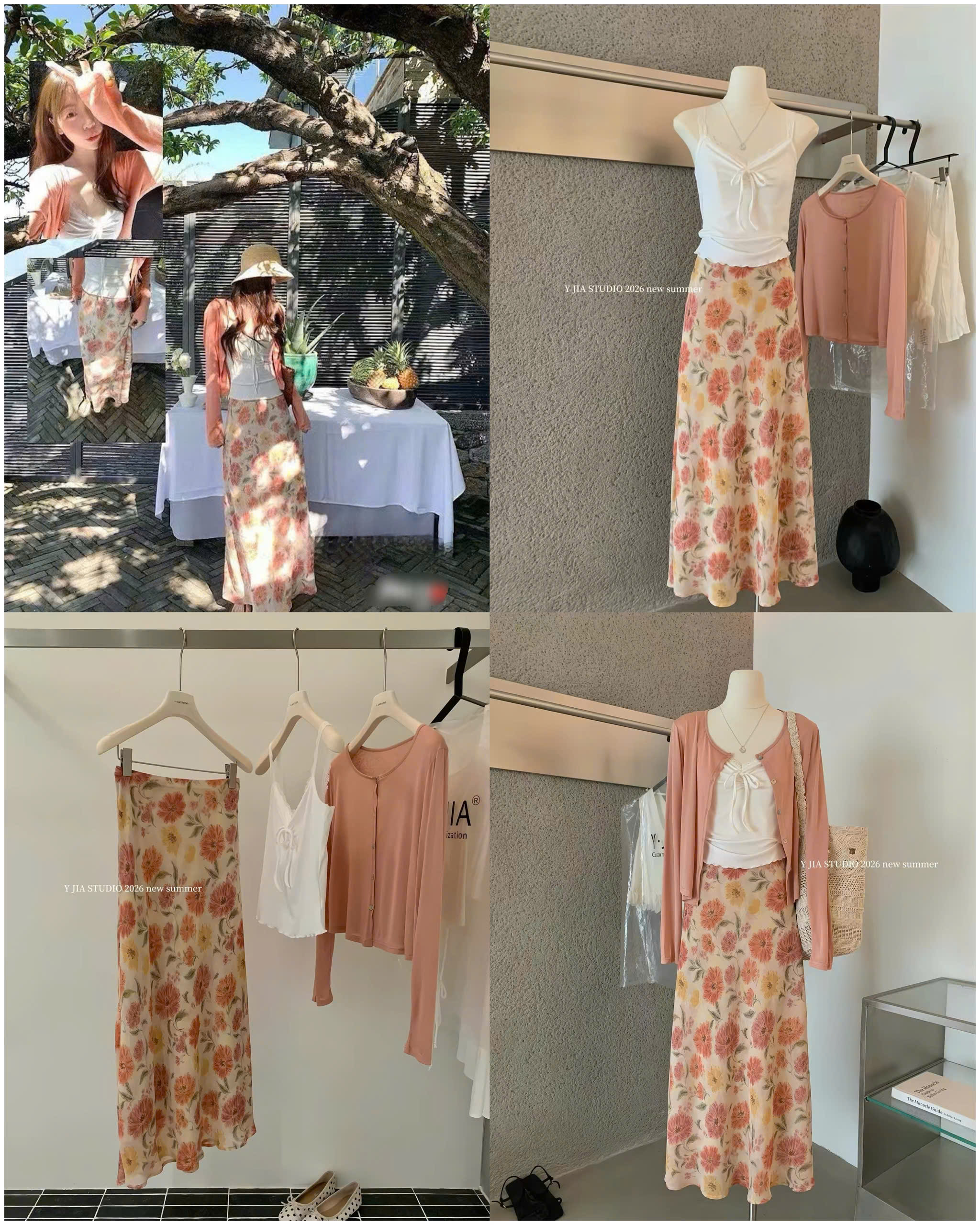 Set 3 SP chân váy hoa + 2 dây + Cardigan Hoa cam 16670