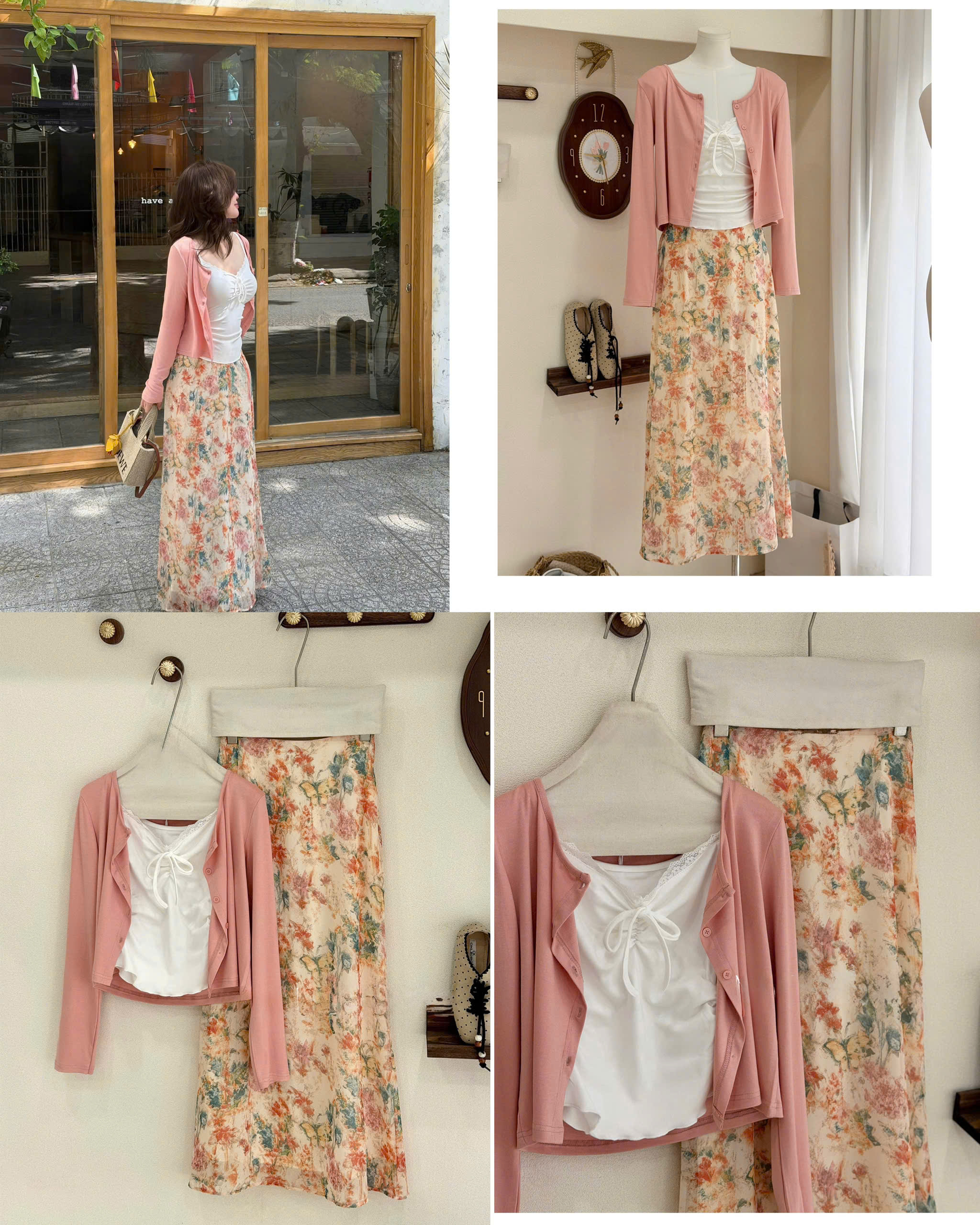 Set 3 SP chân váy hoa + 2 dây + Cardigan Hoa cam 16676