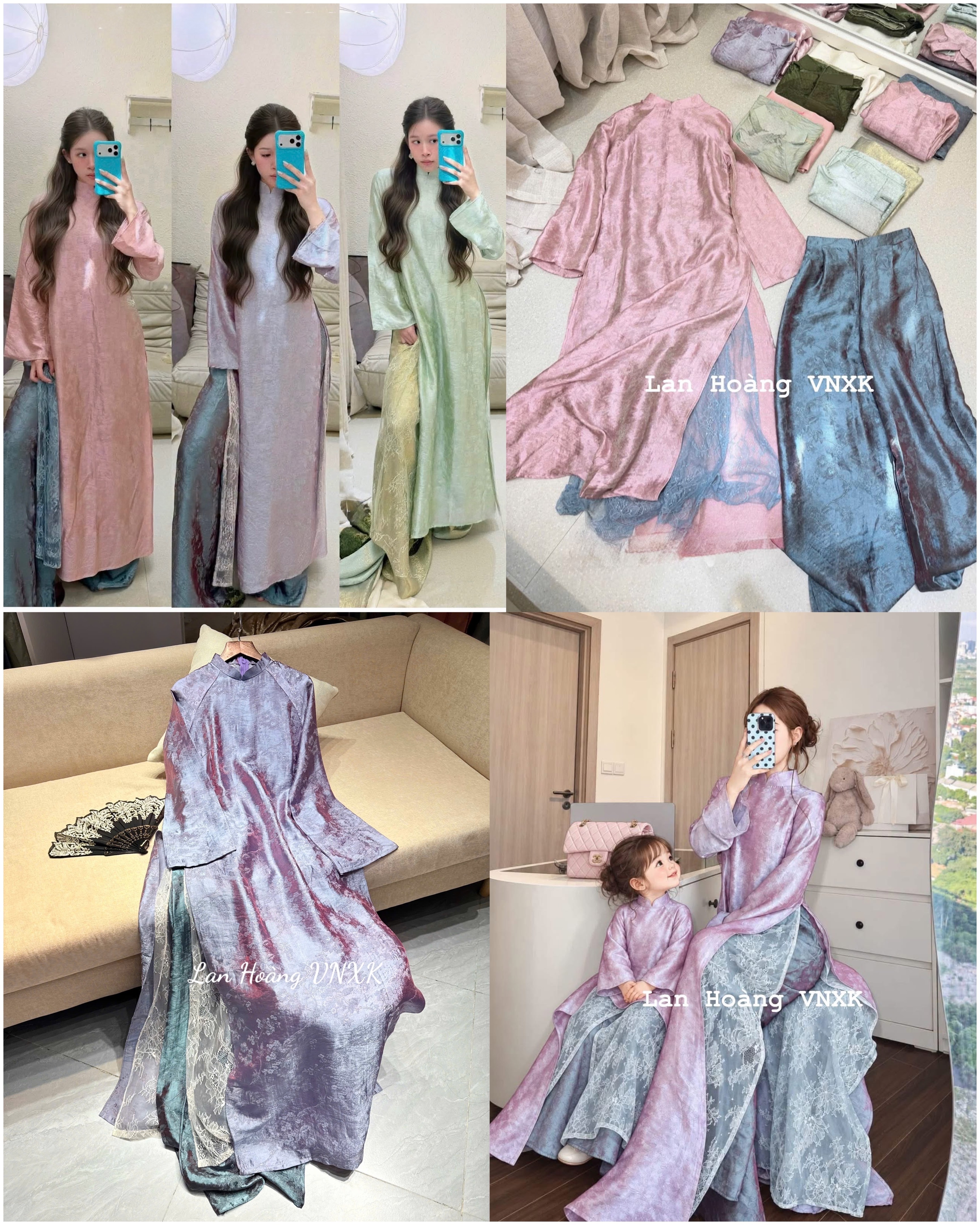 Set Áo Dài Mẹ Diễm Xuân 4 Tà Phối Ren 16811 (Tím Hồng)